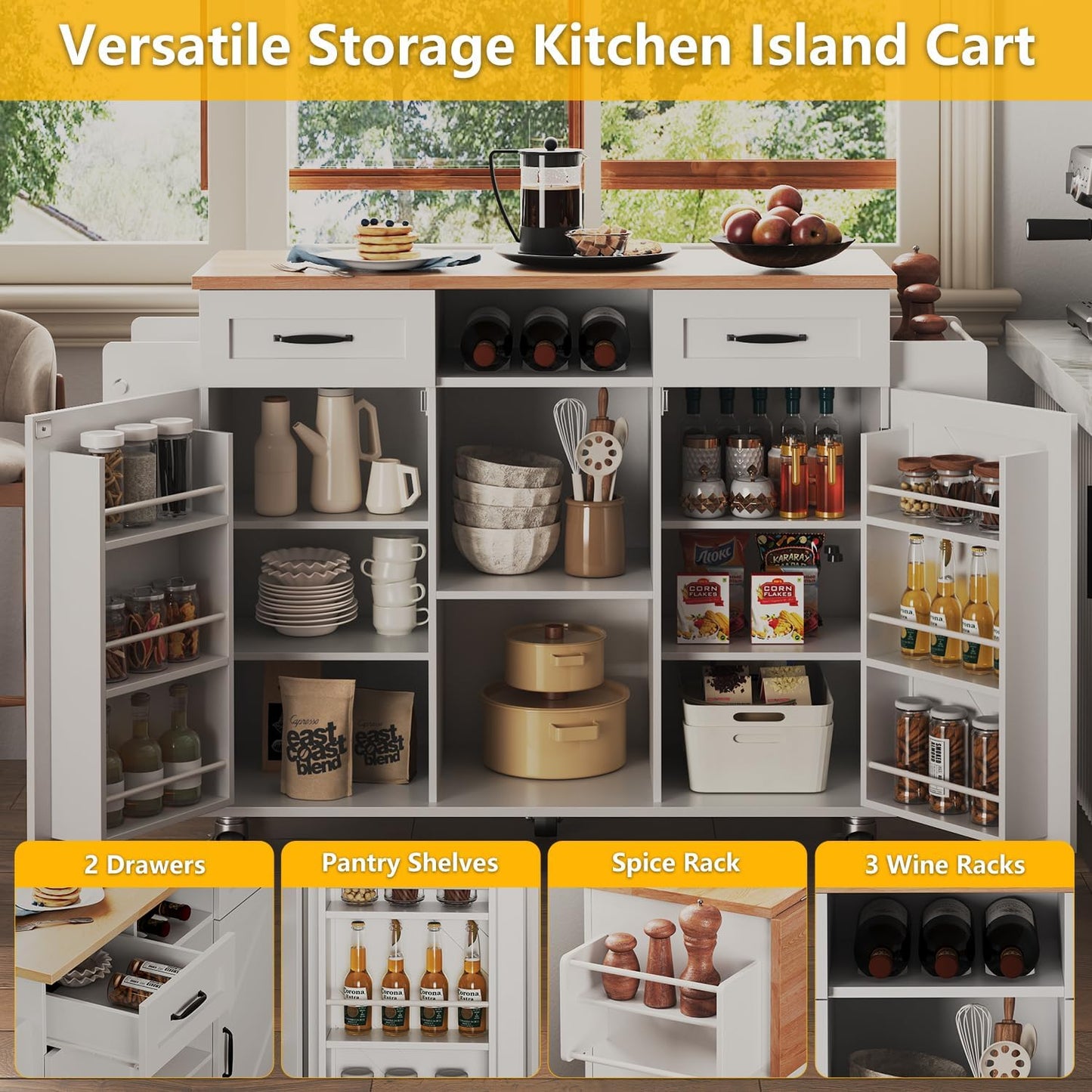 51.5'' Rolling Kitchen Island with Storage Cabinet & Drawers, Drop Leaf Kitchen Cart on Wheels, Farmhouse Portable Mobile Islands, Large Butcher Block Table with Tower/Spice Rack, White