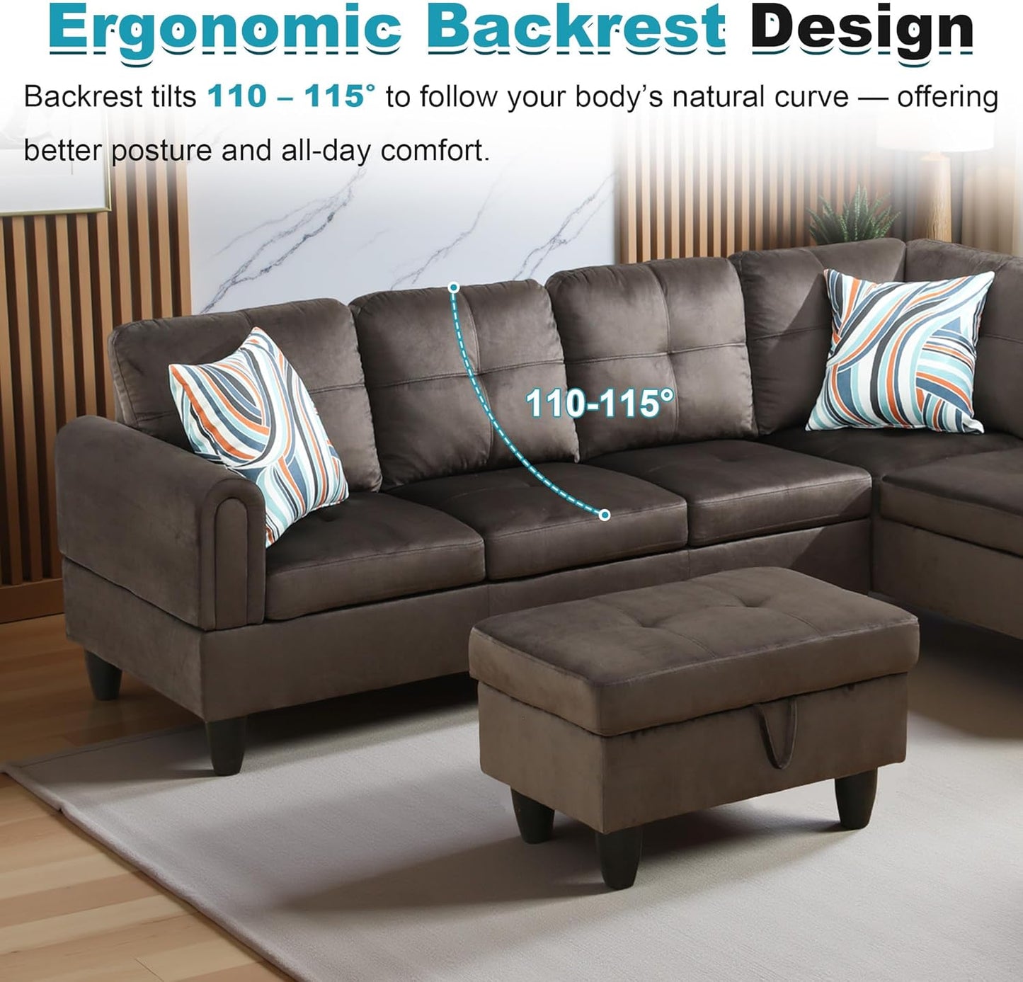 97" Oversized Sectional Couch, L Shaped Couch with Storage Ottoman, Modern Modular Sofa with Deep Seat, Sectional Couches for Living Room and Office, Dark Brown (Flannel)