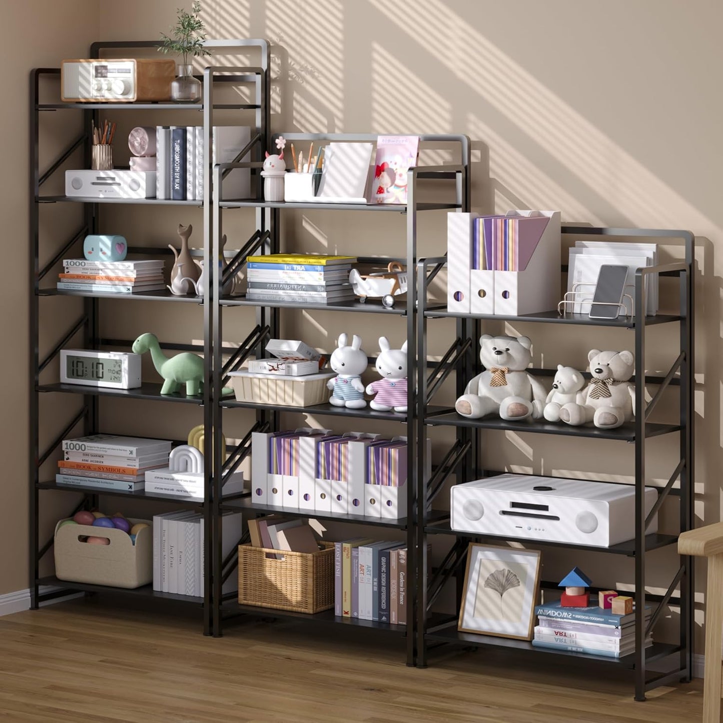 JSB No Assembly Folding Bookshelf, 5 Tier Industrial Metal Book Shelf for Storage, Vintage Wood Foldable Bookcase for Living Room, Bedroom, Office Organization Shelves