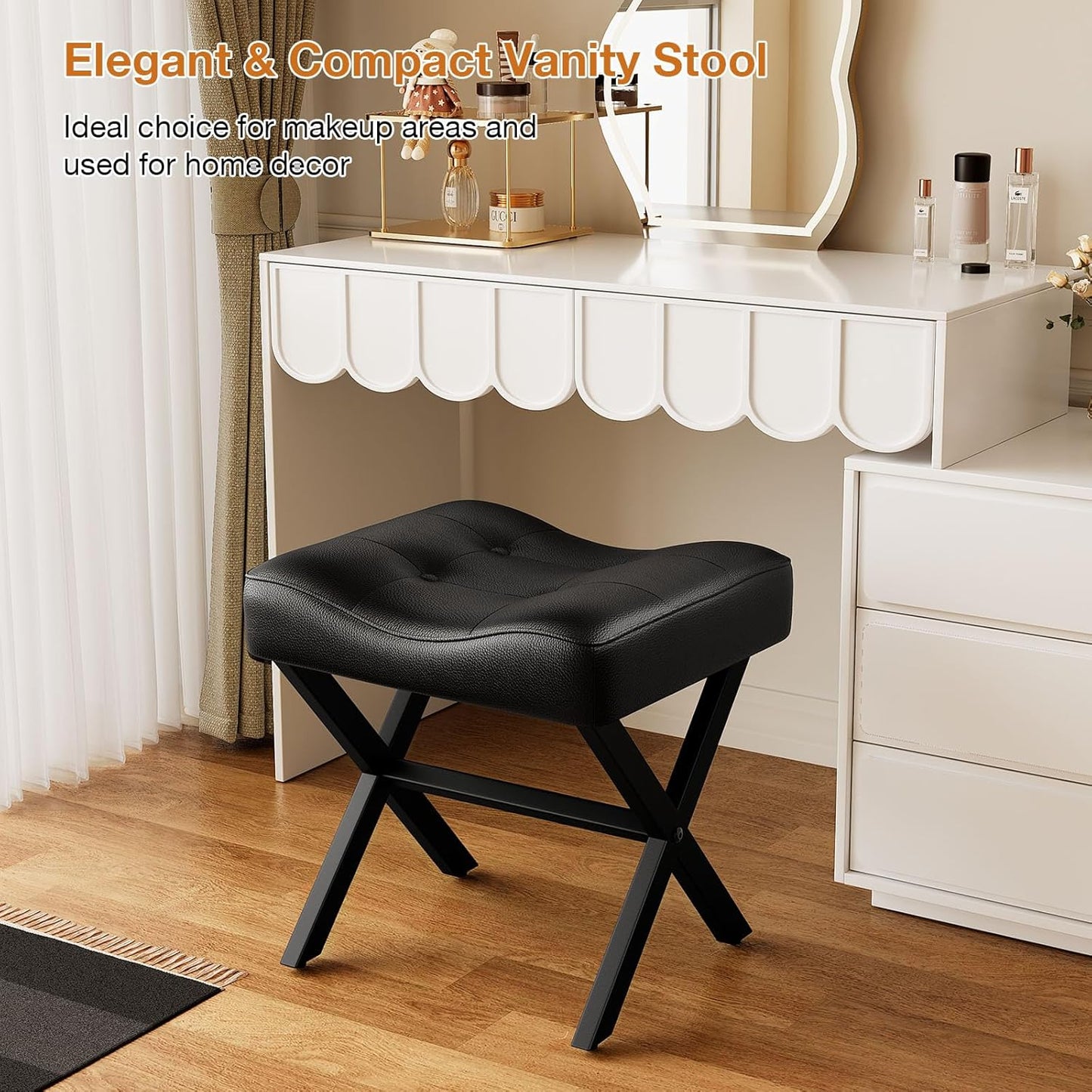 18-Inch Large Leather Vanity Stool, Vanity Chair with Metal X-Leg, Ottoman Foot Stool with Thick Padded Saddle Seat, Black