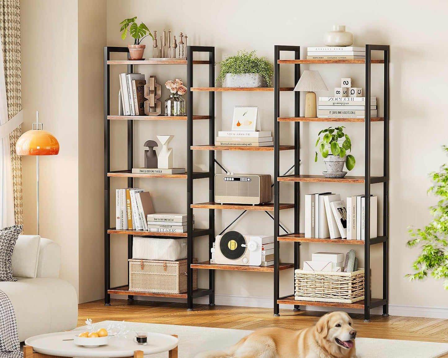 Casaottima Triple 5 Tier Bookshelf, Large Bookcase with 14 Open Display Shelves, Modern Industrial Book Shelves Book Case for Bedroom, Wide Standing Shelving Unit for Living Room Home Office, Vintage