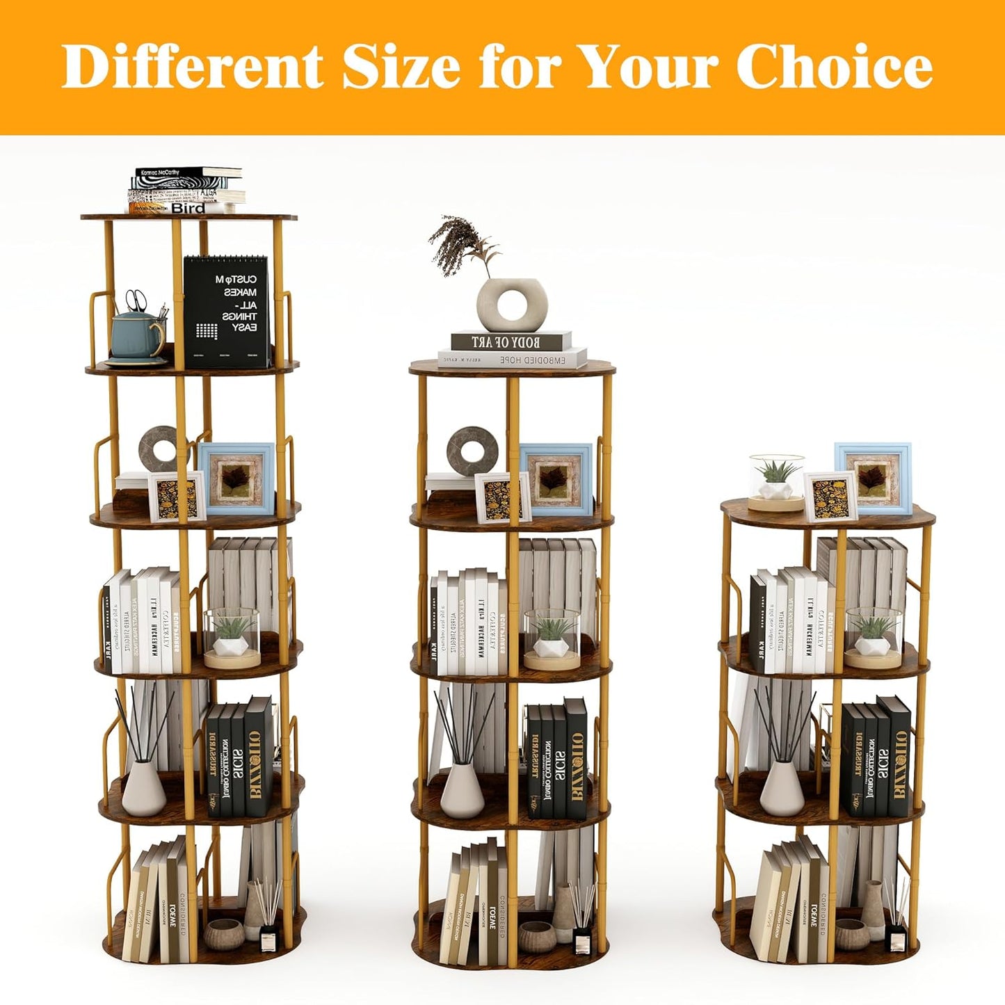 4-Tier Rotating Bookshelf, 360 ° Display Stackable Spinning Bookshelf Tower, Narrow Space Saving Tall Floor Standing Swivel Bookcase Corner Organizer for Bedroom, Living Room, Gold