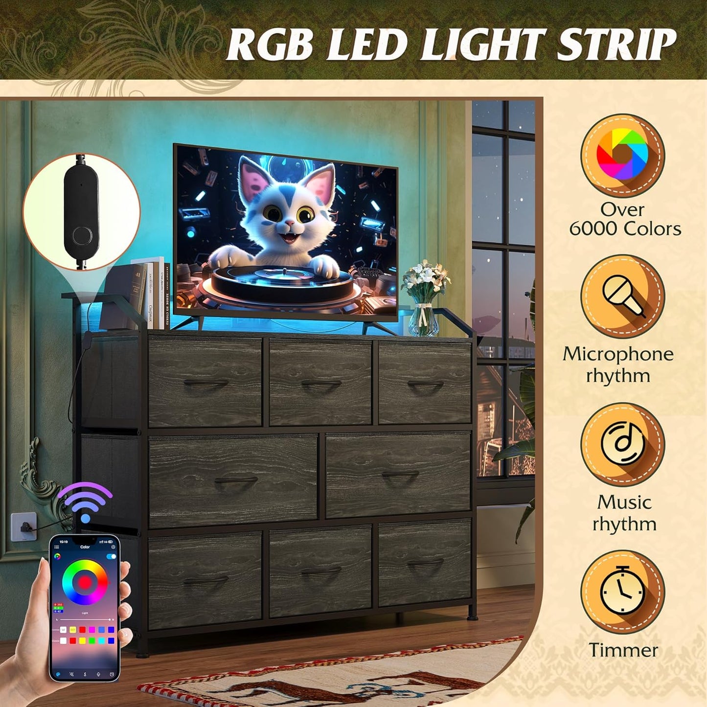 WLIVE Led Dresser for Bedroom, TV Stand for Bedroom with LED Lights and Power Outlet, Wide Chest of Drawers for Hallway, 8 Fabric Drawers for Living Room and Entryway, Charcoal Black Wood Grain Print