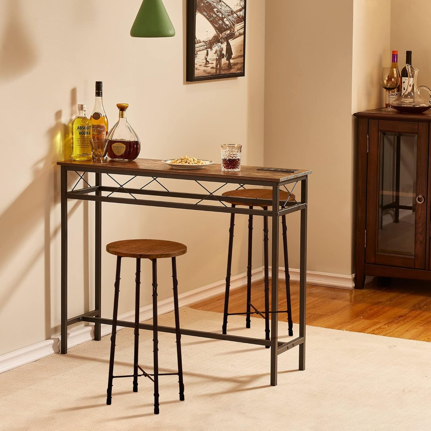 VECELO 39.4In Narrow Sofa/Console Table with Charging Station & Power Outlet and USB Ports, for Entryway, Living Room, Office, Industrial, Metal Frame, 2 Pack, Rustic Brown