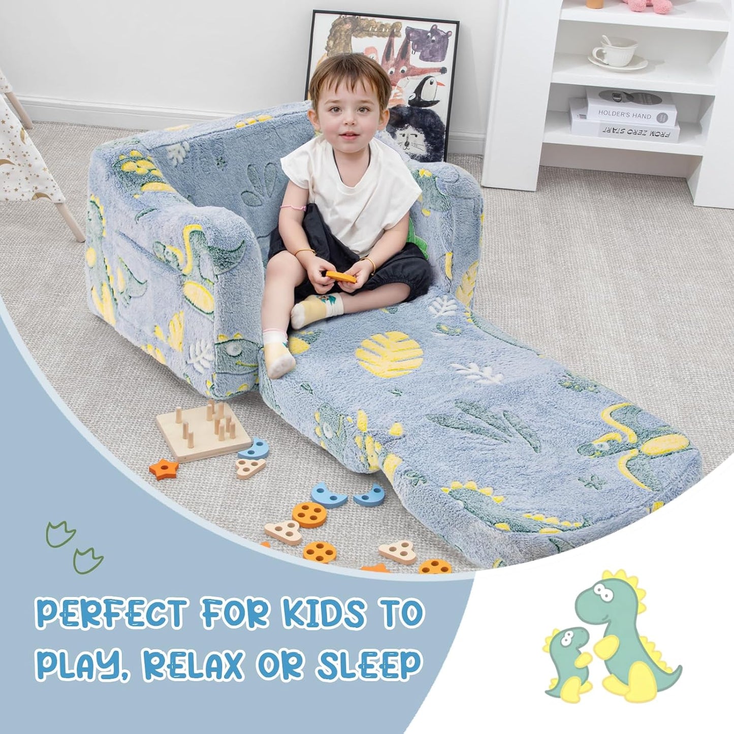 Comfy Toddler Chair and Couch for Kids with Blanket,2-in-1 Soft Plush Fold Out Toddler Couch for Girls and Boys,Convertible Sofa to Lounger for Playroom, Dinosaur