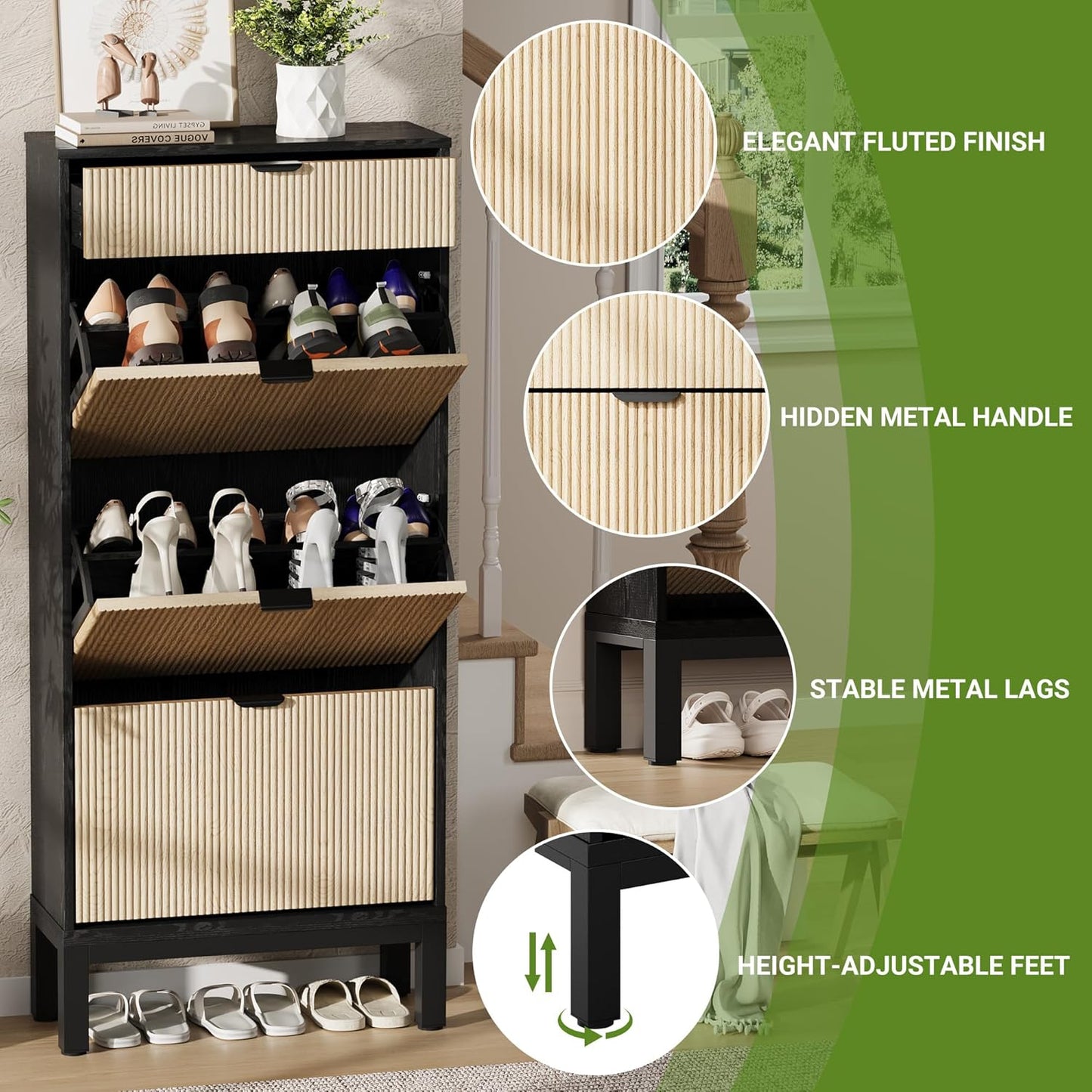 GarveeHome Shoe Cabinet with 3 Flip Doors & 1 Drawer, Entrance Wooden Shoe Rack with Iron Legs, Slim Shoe Storage Cabinet, Modern Fluted Shoe Organizer for Entryway Hallway, Black+Oak