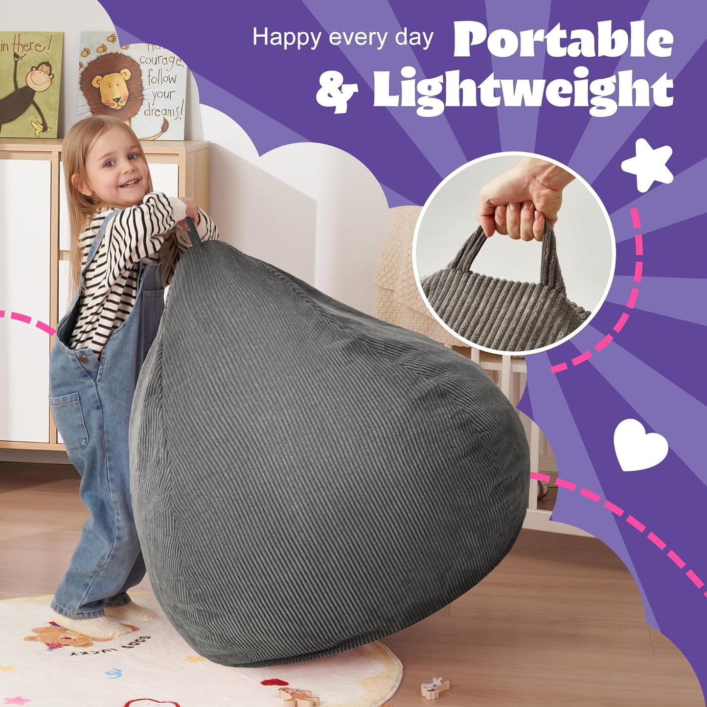 HABUTWAY 2 FT Bean Bag Chair,Giant Bean Bag Chairs,Big Bean Bags with Memory Foam Filled, Large Beanbag Chairs with Soft Corduroy Cover-Grey