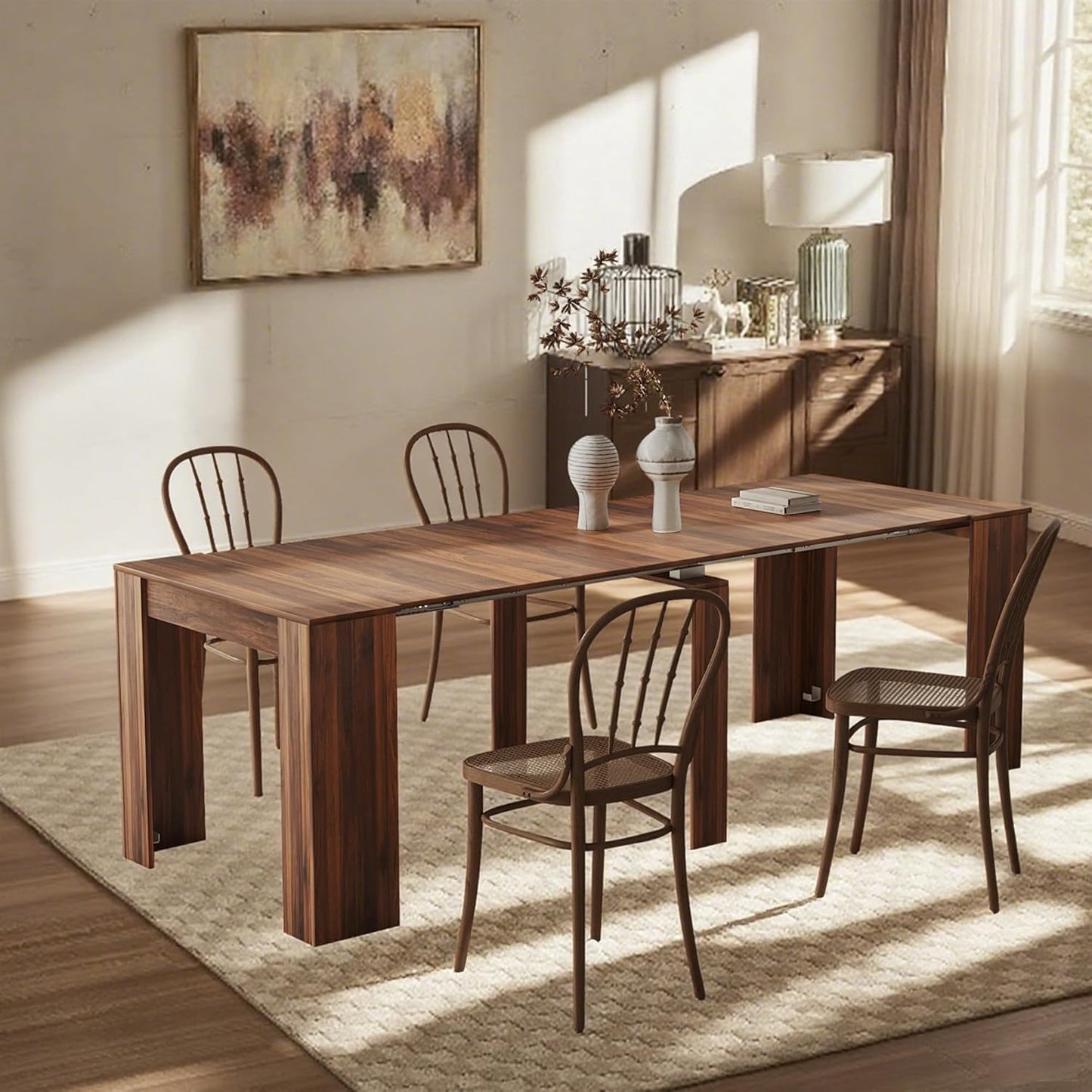 Expandable Dining Table, Convertible Table for Dining Room, Kitchen and Small Spaces, for 2-10 People, Walnut Brown