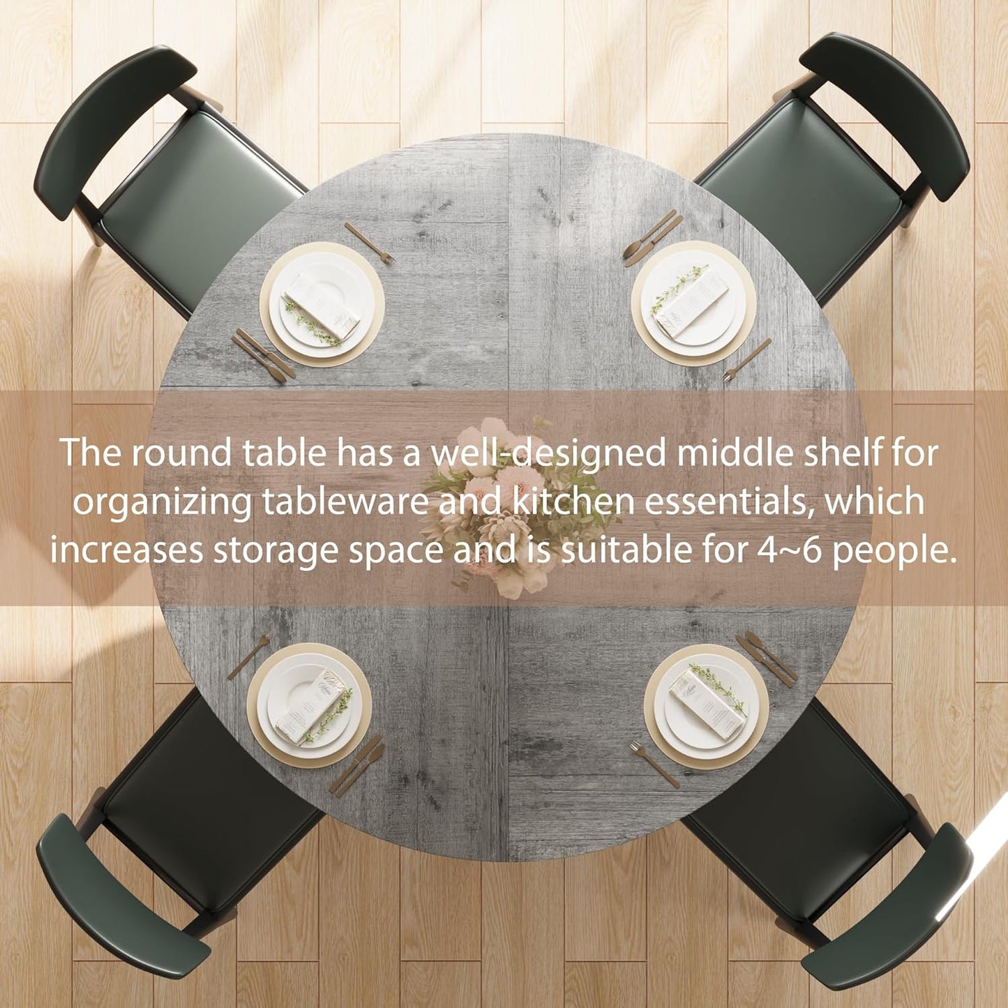 GarveeHome Round Dining Table for 4-6, 47.2" Farmhouse Kitchen Table with Storage, Circle Dinner Tables for Kitchen, Dining Room, Living Room, Meeting Room, Apartment, Grey