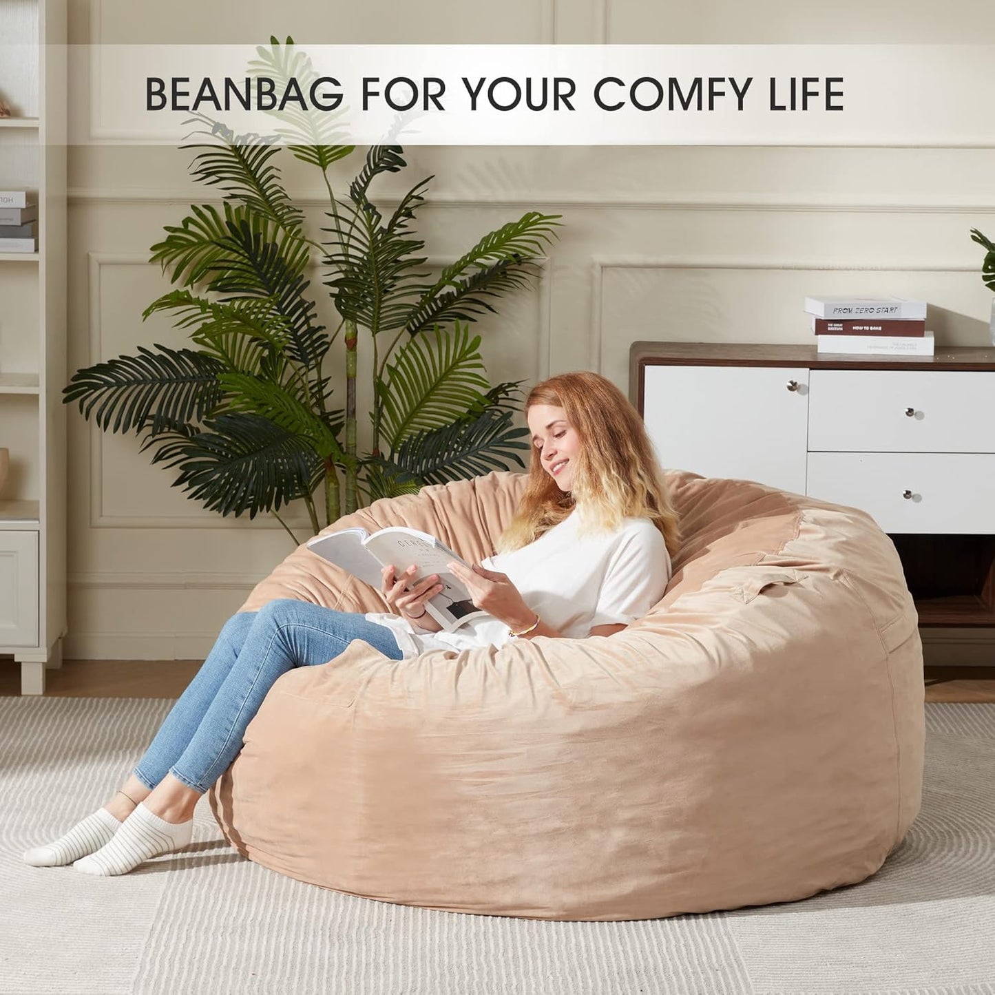 HABUTWAY Bean Bag Chair: Giant 5' Memory Foam Furniture Bean Bag Chair with Microfiber Cover - 5Ft, Khaki