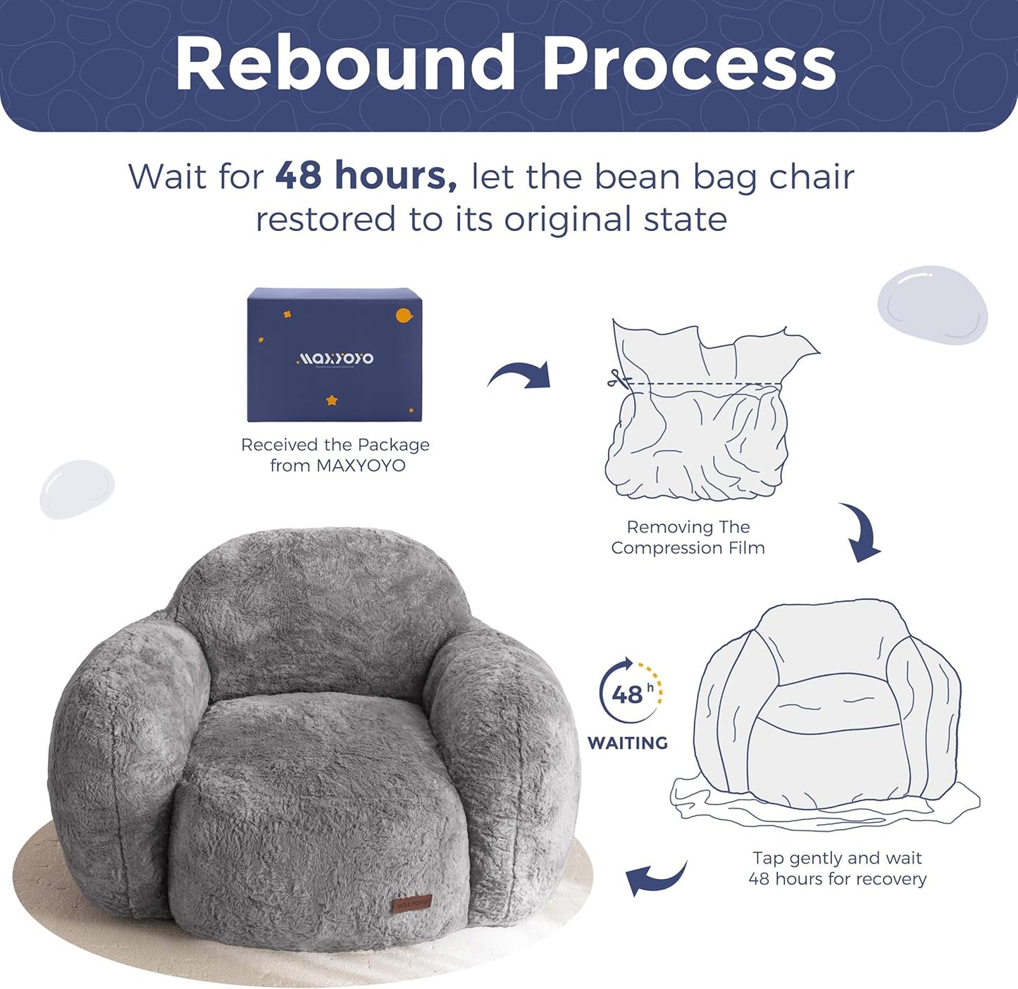 MAXYOYO Bean Bag Chair, Comfy Pebble Shaped Single Bean Bag Sofa for Adults, Stuffed Floor Sofa with Supportive Backrest & Armrests, Modern Faux Fur Accent Chair for Living Room & Bedroom, Grey