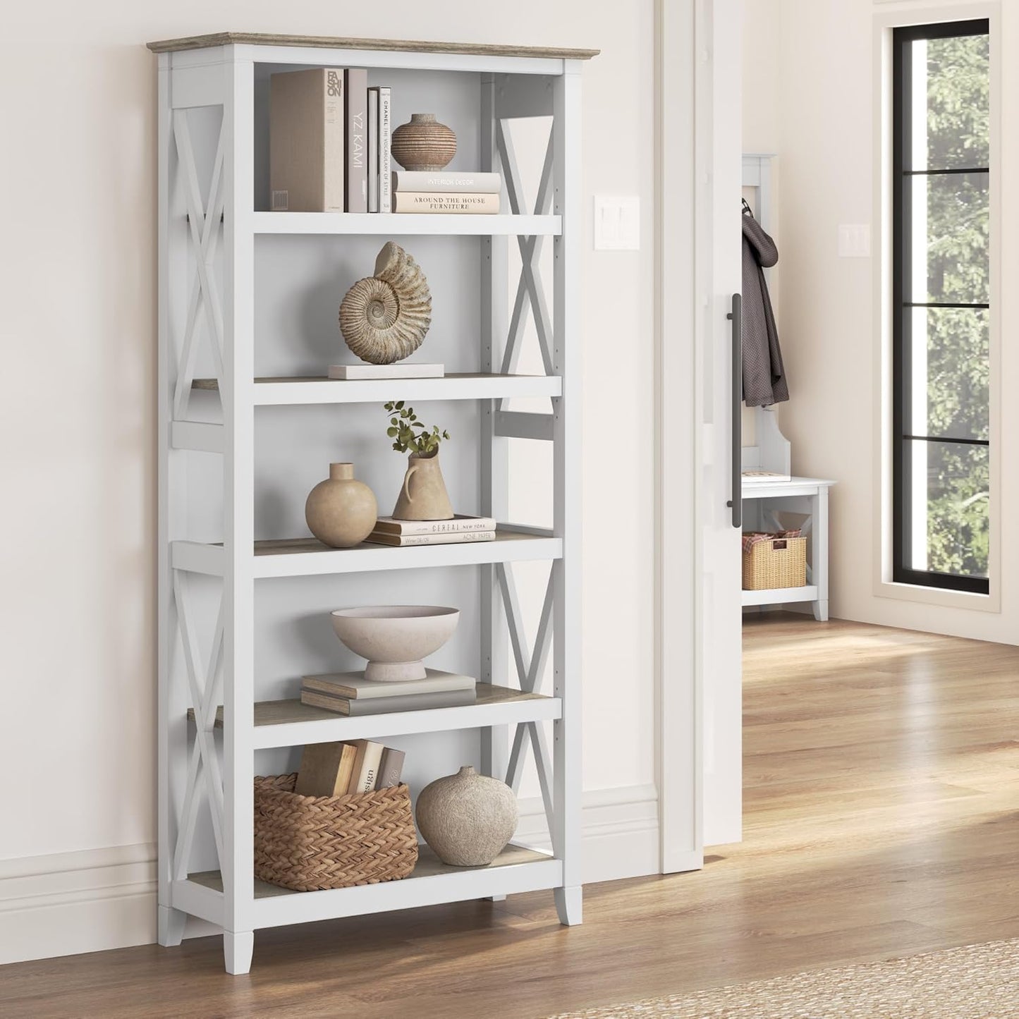 Bush Furniture Tall 5 Shelf Bookcase for Living Room or Home Office, Large Bookshelf, Modern Farmhouse Style, Key West Collection, Pure White and Shiplap Gray