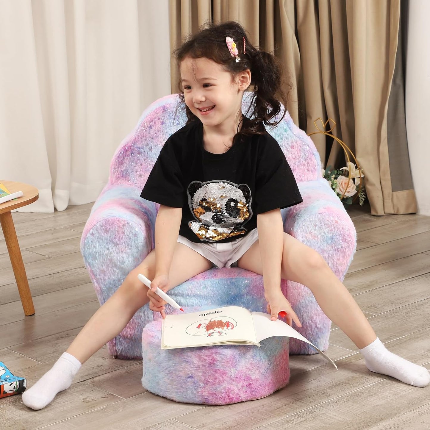 Kids Sofa with Ottoman, Shell-Like Sofa for Boys and Girls, Pink Tie Dye
