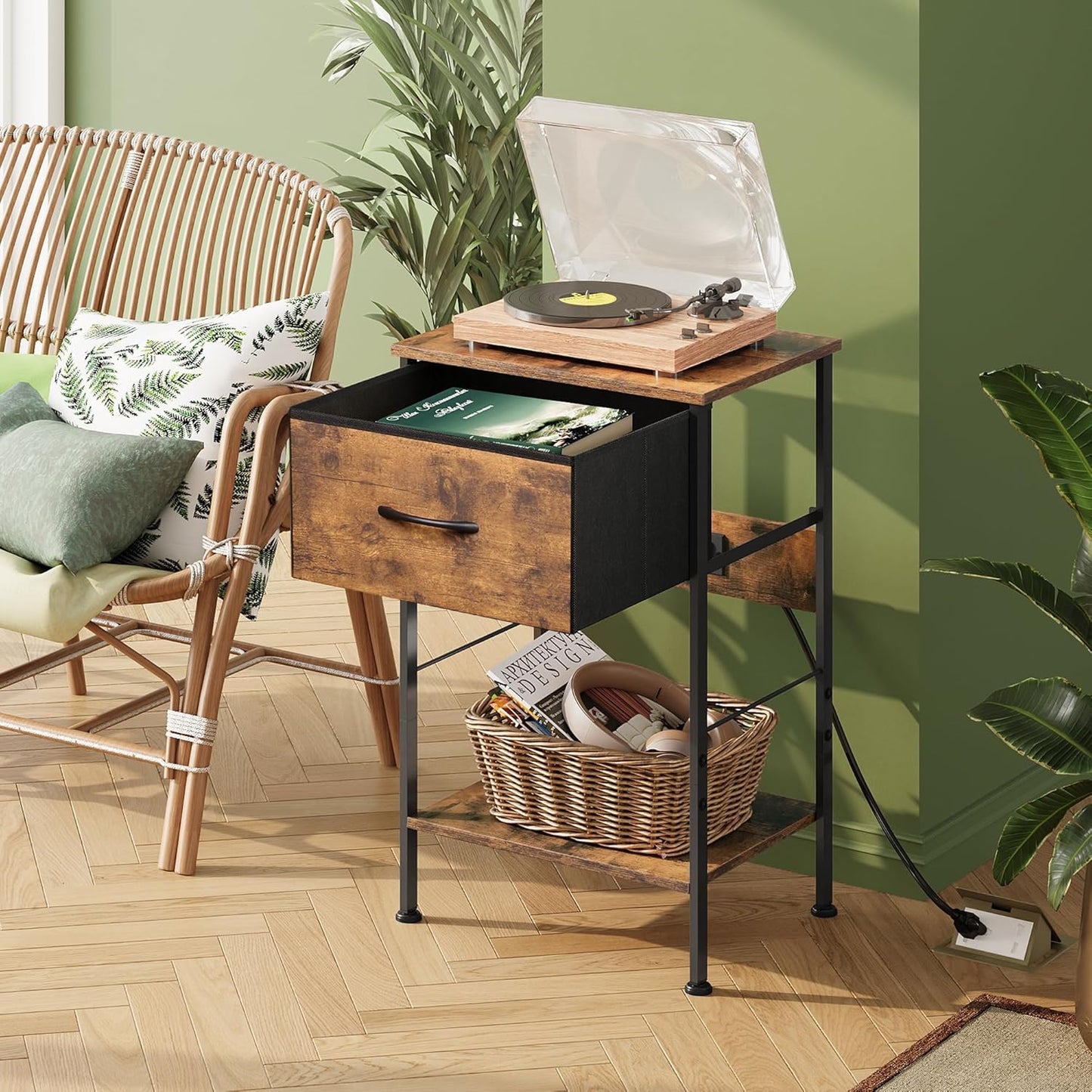 WLIVE Night Stand with Charging Station, Small Nightstand with Fabric Drawer and Open Shelf, 25" H Bedside Table for Bedroom, 2-Tier Storage End Tables, Dresser for Dorm, Entryway, Rustic Brown