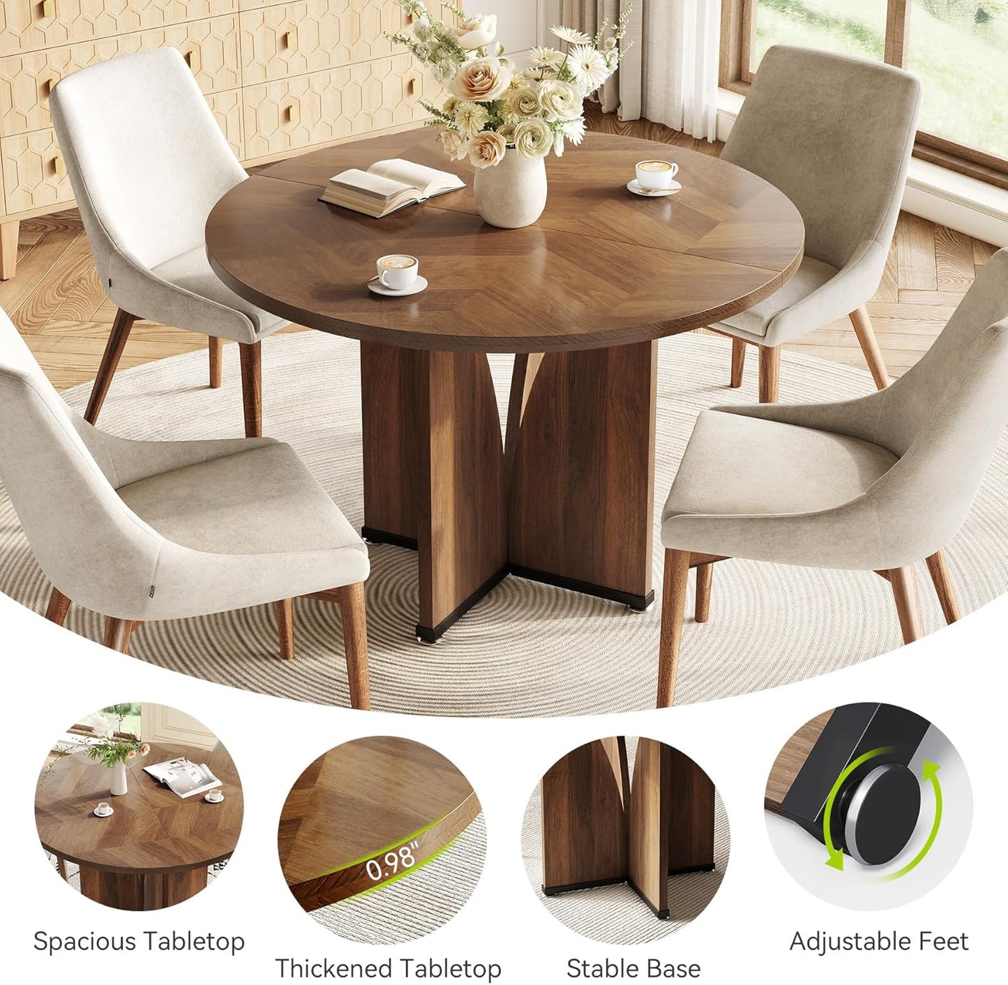 LITTLE TREE 39-Inch Round Dining Table for 4, Rustic Kitchen Table with X-Shaped Stable Pedestal, Farmhouse Dinner Table for Dining Room, Living Room, Dark Brown