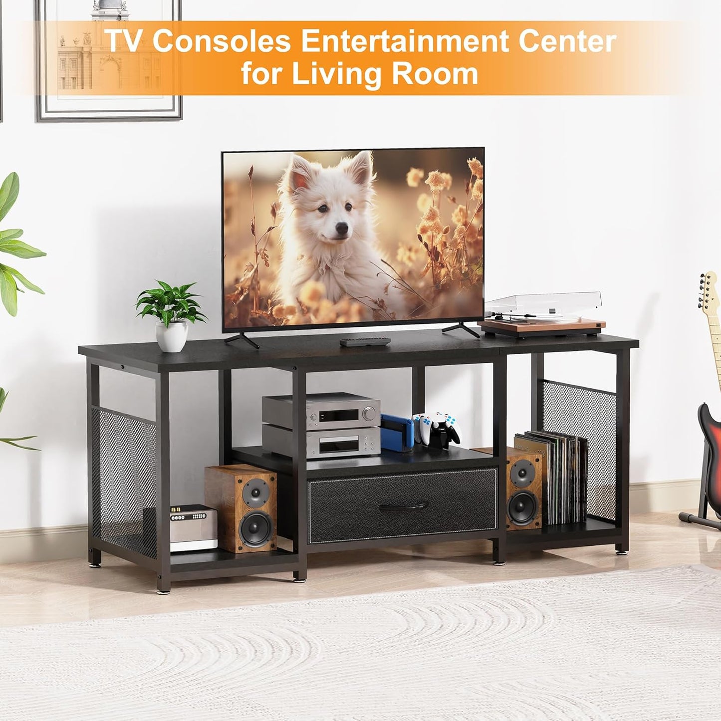 TV Stand with Drawers and Open Storage Shelves for 65 60 55 Inch TV, Entertainment Center with Open Storage Shelves, Industrial Media TV Console Table for Living Room Bedroom Office, Black