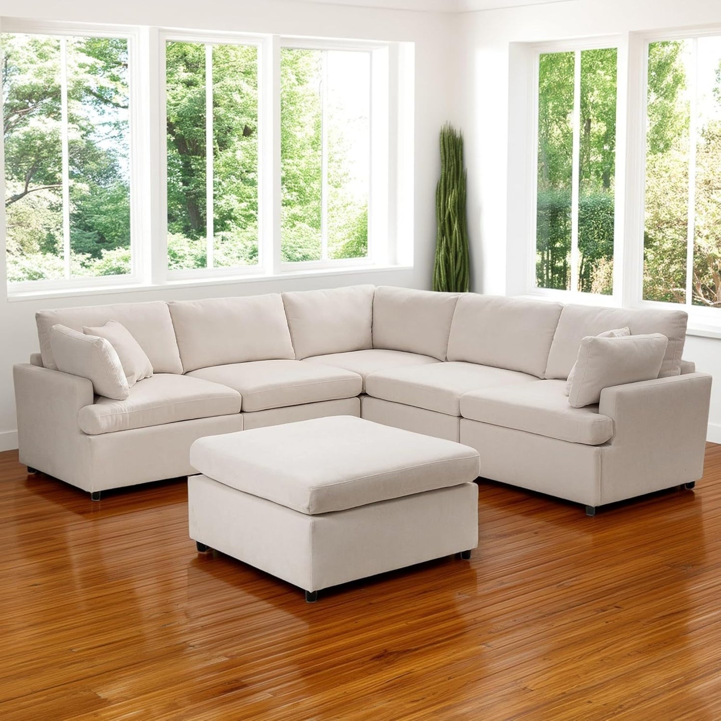 100 Inch U-Shaped Modular Convertible Sectional Sofa with Removable Ottoman and Pillows, Oversized 6 Seater Upholstered Corner Couch for Living Room, Office, Spacious Space, Beige