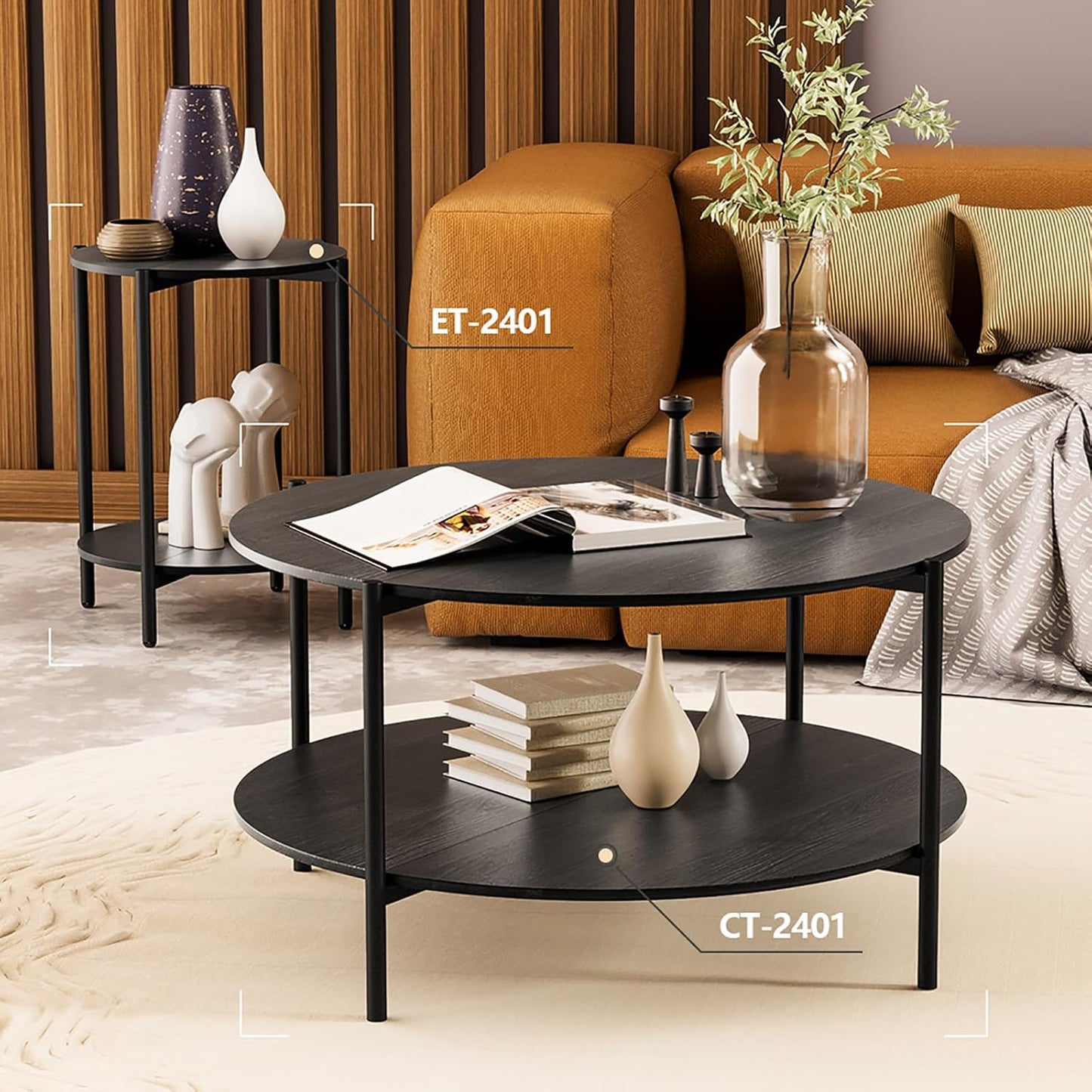 Round Coffee Table, 2-Tier 32.9" Circle Coffee Tables with Storage Wood Rustic Farmhouse Center Circular Coffee Table for Living Room Bedroom Balcony Office - Black