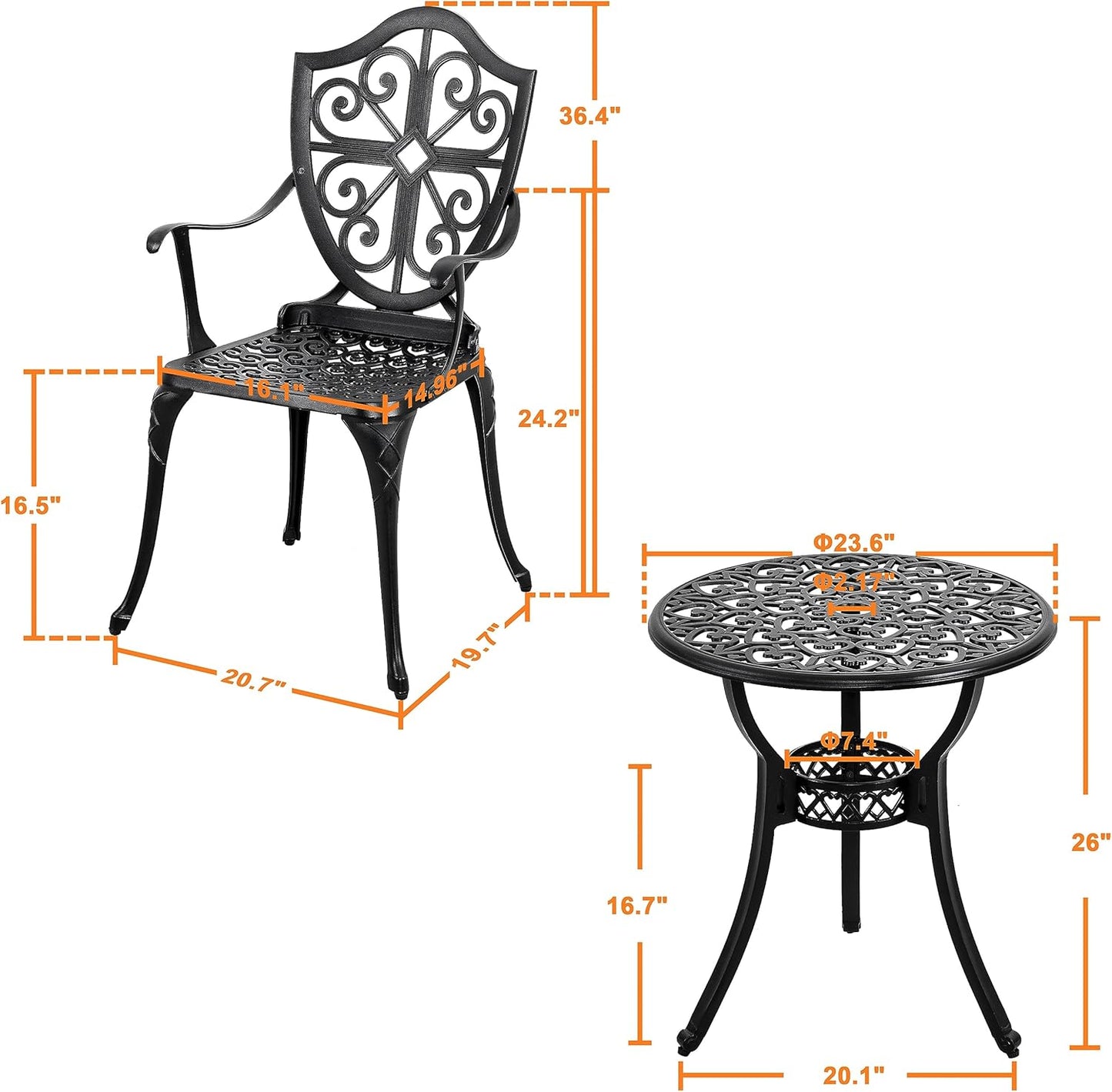 NUU GARDEN 3 Piece Outdoor Bistro Set All Weather Cast Aluminum Patio Set Bistro Table Set Rustproof Patio Table and Chairs with Umbrella Hole for Backyard, Balcony, Front Porch, Black