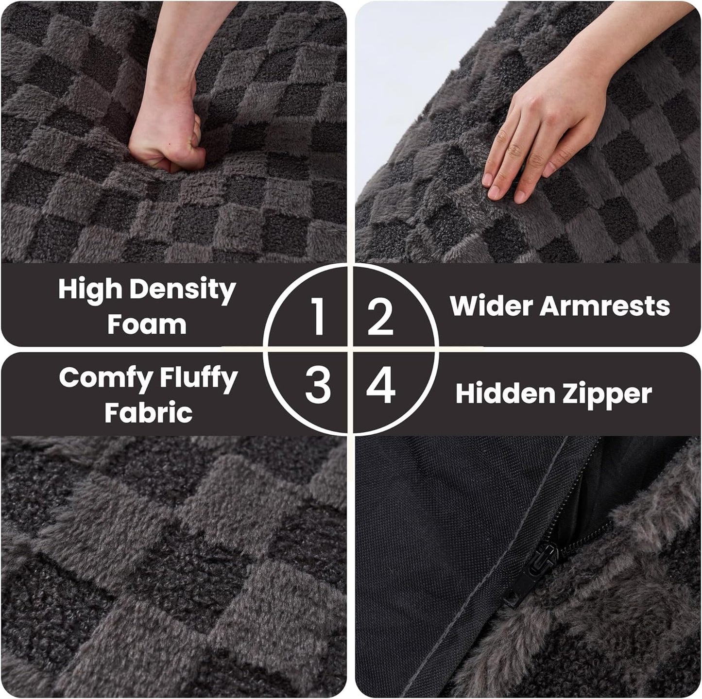 Bean Bag Chairs for Adults, Giant Beanbag Sofa Comfy Reading Chair, Oversized Bean Bag Chairs for Living Room Bedroom, Soft Faux Fur Fabric, 3.2FT, Dark Grey, Checkered