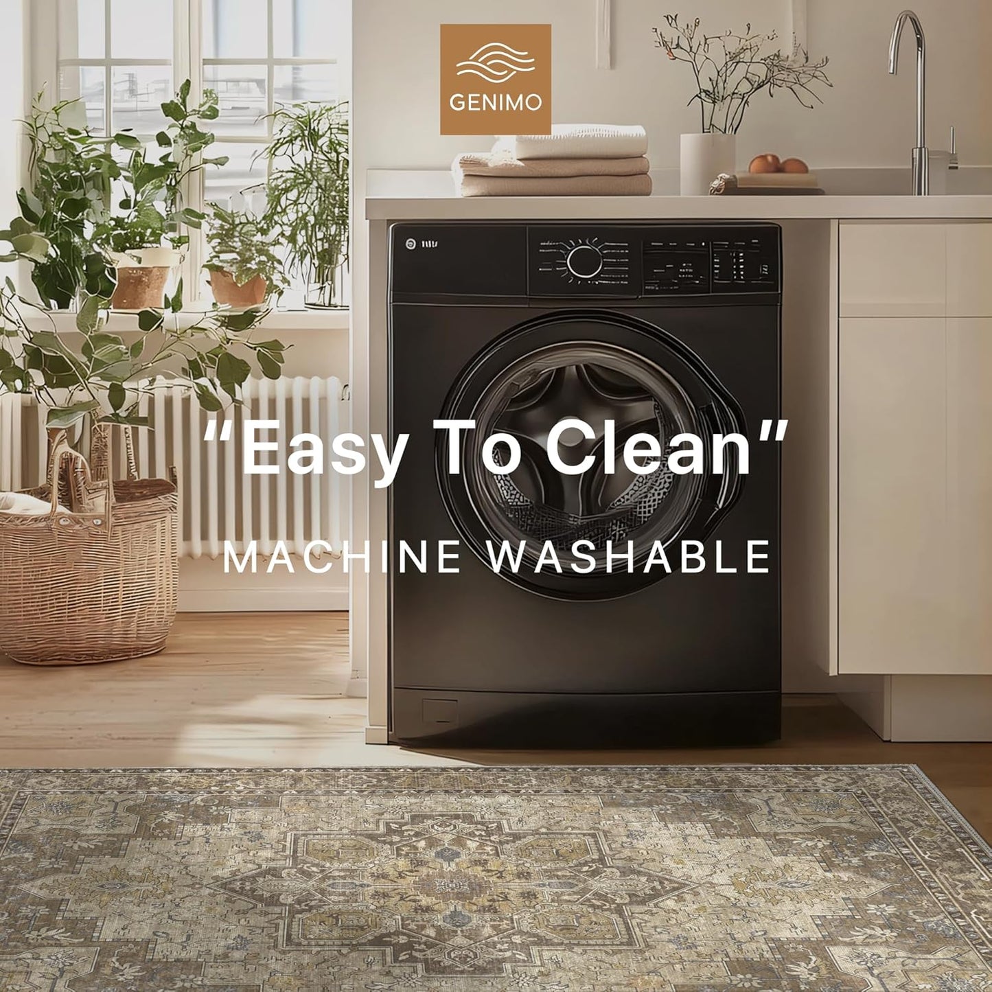 GENIMO 10x14 Area Rugs for Living Room, Machine Washable Non Slip Vintage Rugs, Low Pile Lightweight Chenille Print Rug for Bedroom, Dining Room, Home Office, Rustic Brown