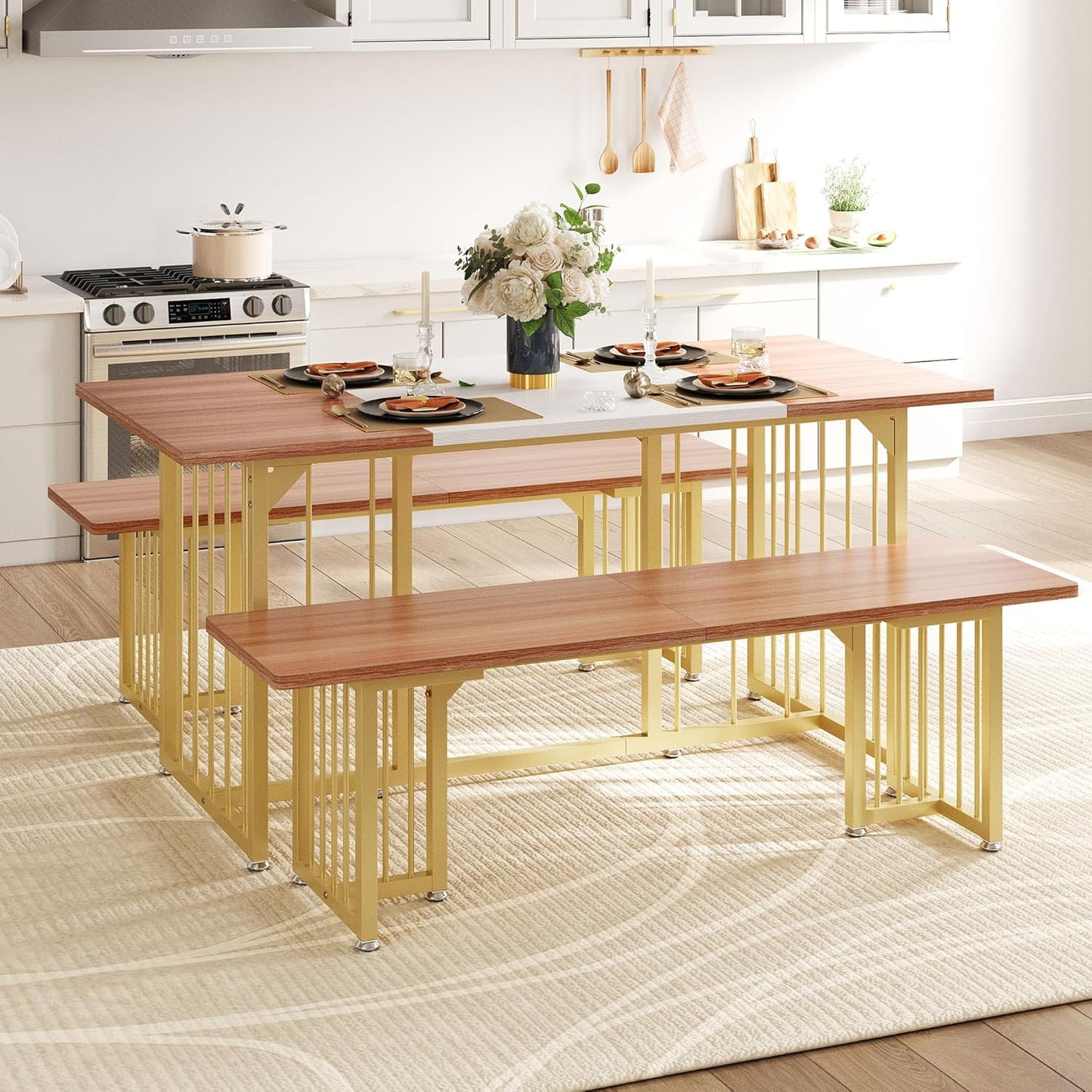 DWVO 3-Piece Dining Table Set for 6-8 People 63" Kitchen Table with 2 Benches Rectangular Farmhouse Dining Room Table Set for Home Kitchen Restaurant Apartment Walnut