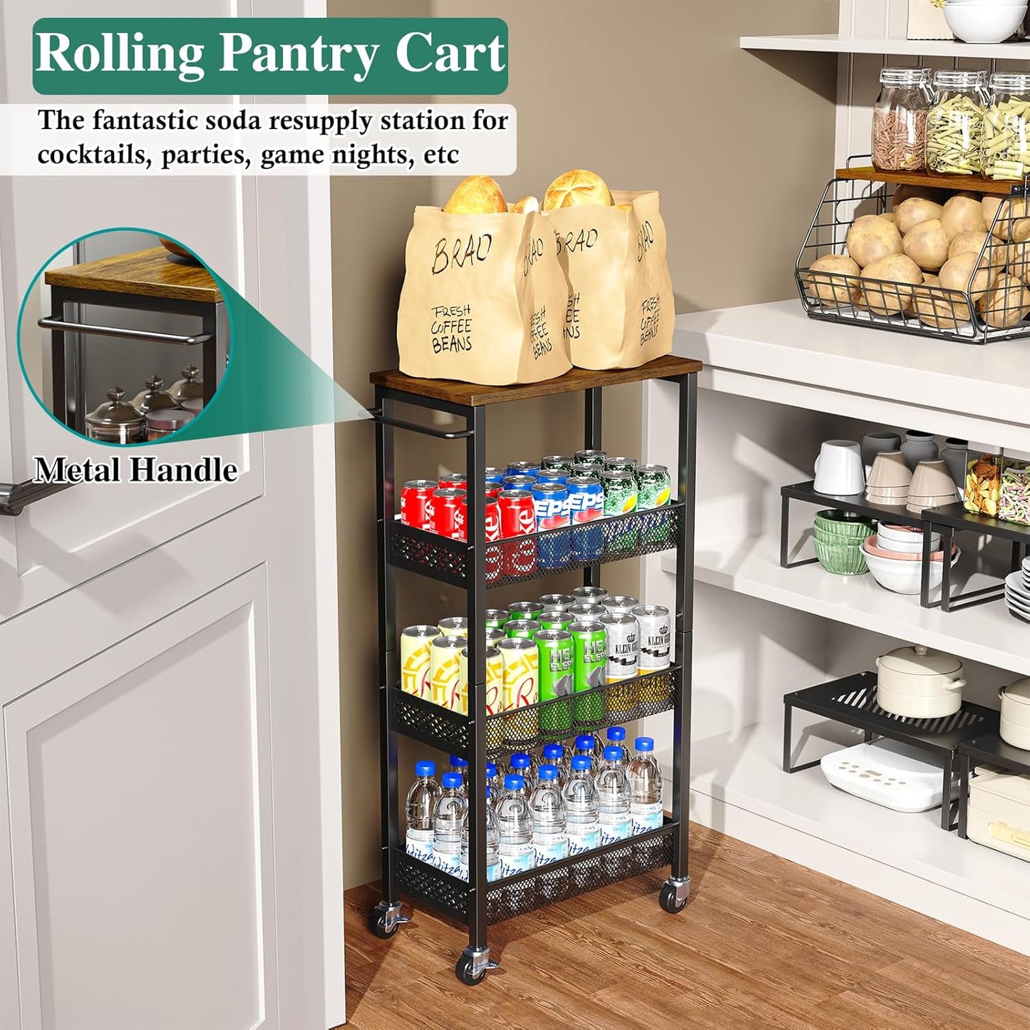 Utility Slim Storage Cart, 4-Tier Narrow Bathroom Organizer and Storage Cart, Metal Narrow Kitchen Laundry Room Organization Rack with Wood Top, Slim Rolling Shelf with Wheels for Small Space