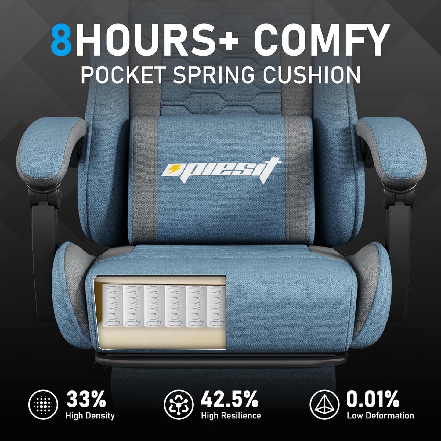 Gaming Chair, Computer Chairs for Adults with Lumbar Support and Massager, Comfortable Gamer Chair with Footrest & Pocket Spring Cushion, Ergonomic Home Office Chair, Blue, Fabric