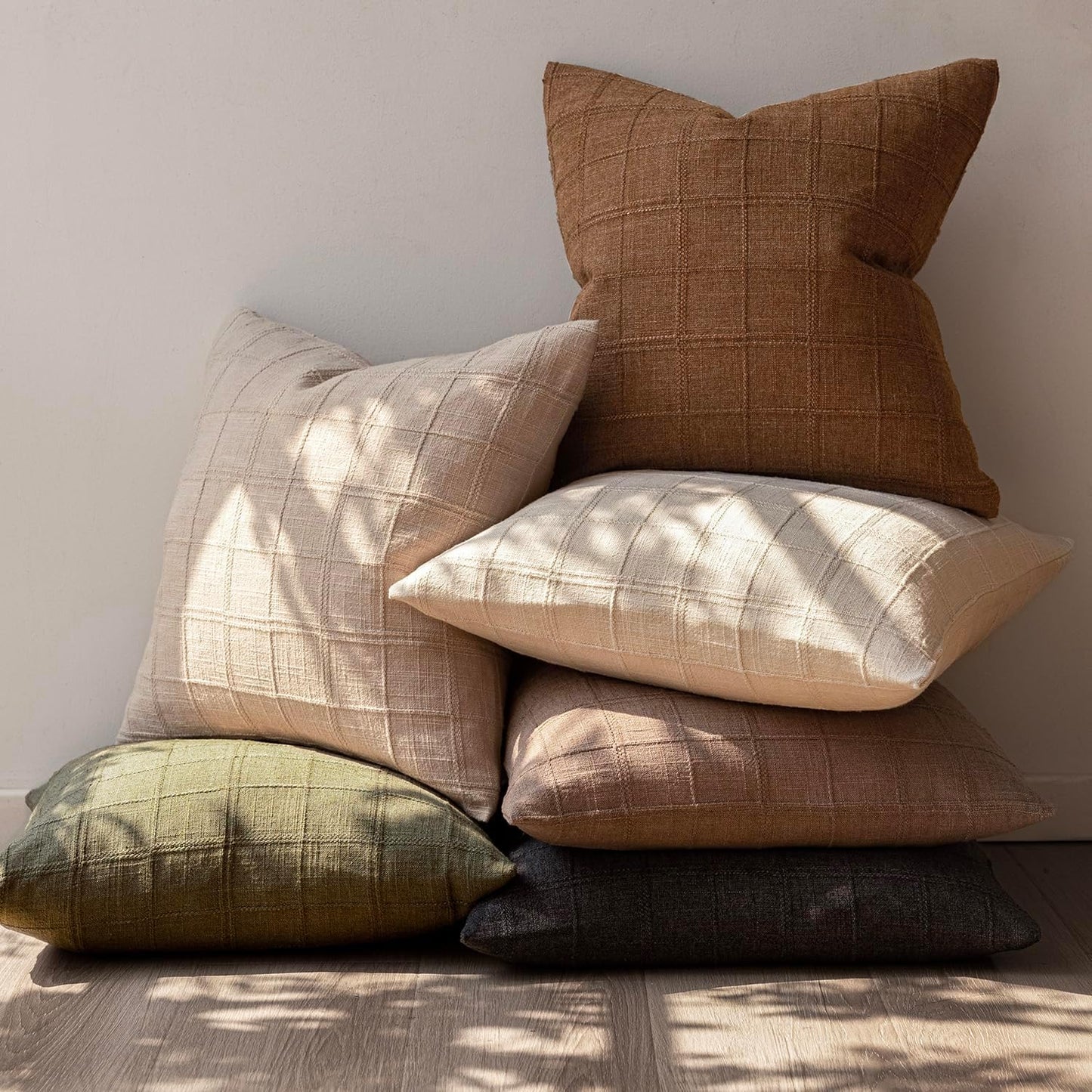 Foindtower Set of 2 Decorative Linen Check Throw Pillow Covers Neutral Farmhouse Lumbar Cushion Covers Modern Boho Home Decor for Sofa Chair Couch Bedroom Living Room Outdoor,12×20 Inch,Brown Hazel