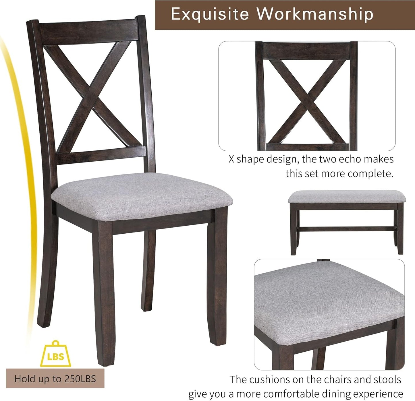 Ball & Cast 6-Piece Dining Table Set, 60" Wood Dining Kitchen Table & Chairs Set, Rectangular Dining Room Foldable Table with 4 Upholstered Chairs & 1 Bench,Perfect for Dining Room, Kitchen, Espresso