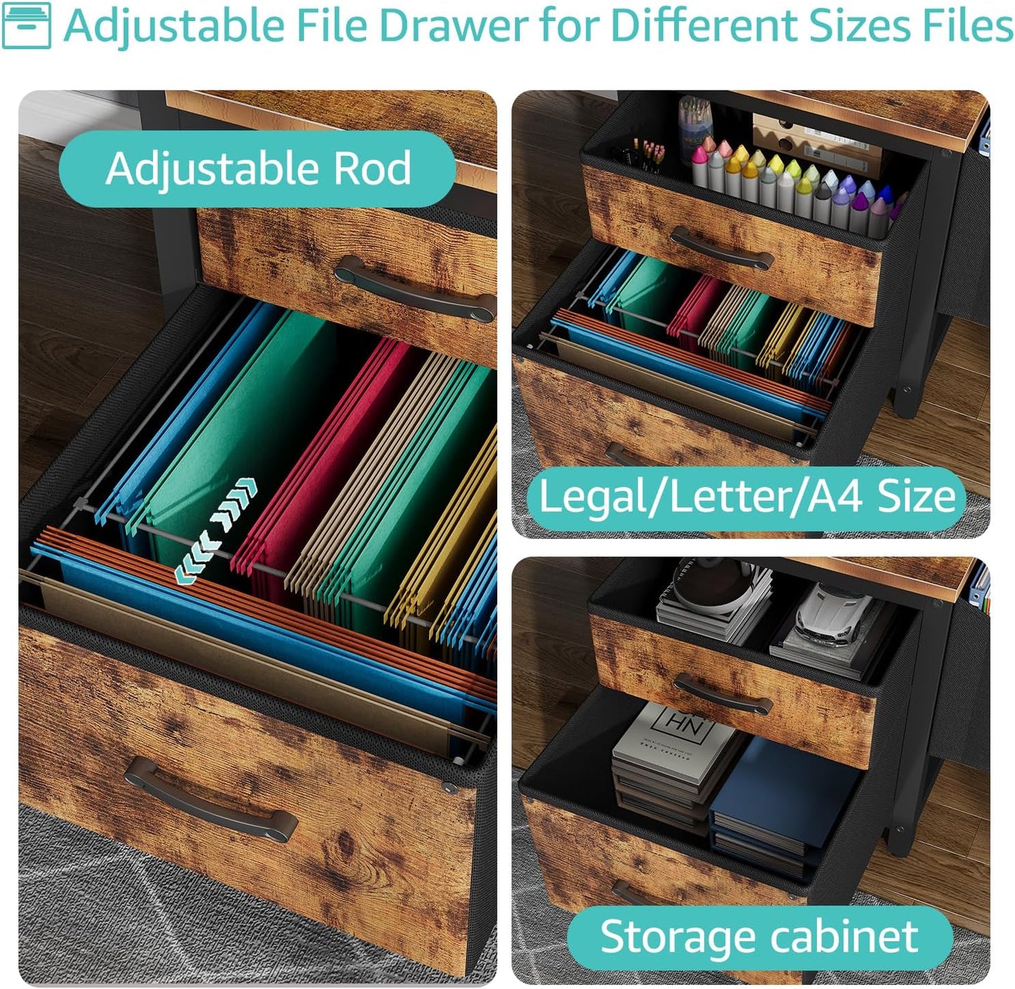 Lufeiya Computer Desk with Fabric File Drawers Cabinet, 57 Inch Home Office Desks with Filing Cabinet Printer Stand for Small Space, Study Writing Table PC Desks for Bedroom, Brown