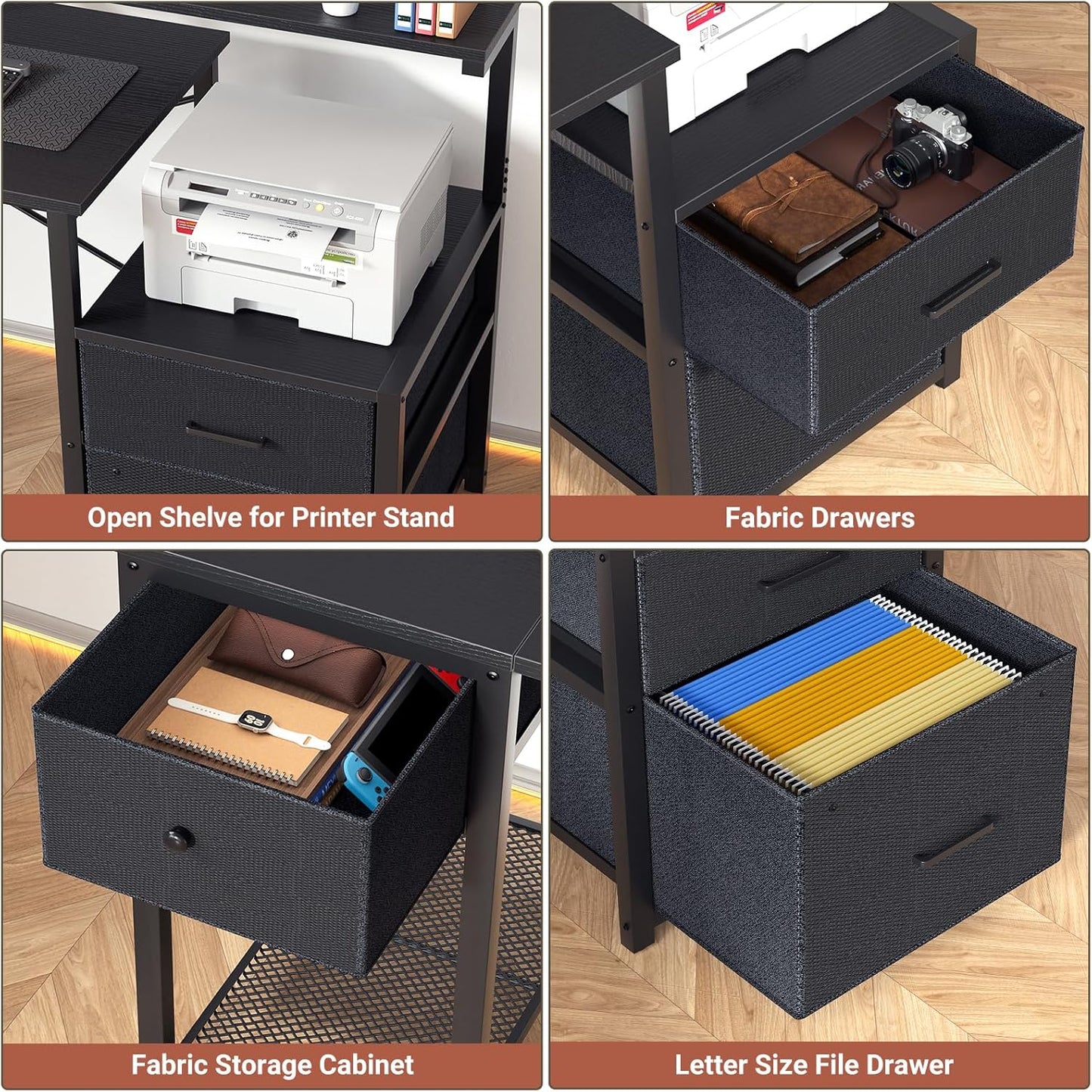 Aheaplus Computer Desk with 3 Drawers, Home Office Desk with File Drawer & Power Outlet, 59'' Gaming Desk with Led Lights, Long Work Desk with Storage Shelves, Printer Cabinet and Monitor Shelf, Black