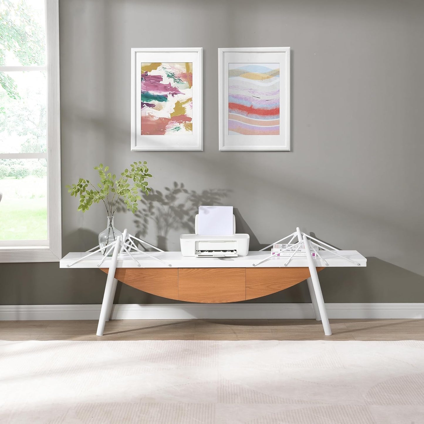 1 Tier Modern Boat-Shaped Bookshelf with Drawer, White & Brown, 70.9" Long Horizontal Low Shelf for Storage Display Decoration, Sturdy MDF & Metal Industrial Frame, for Living Room