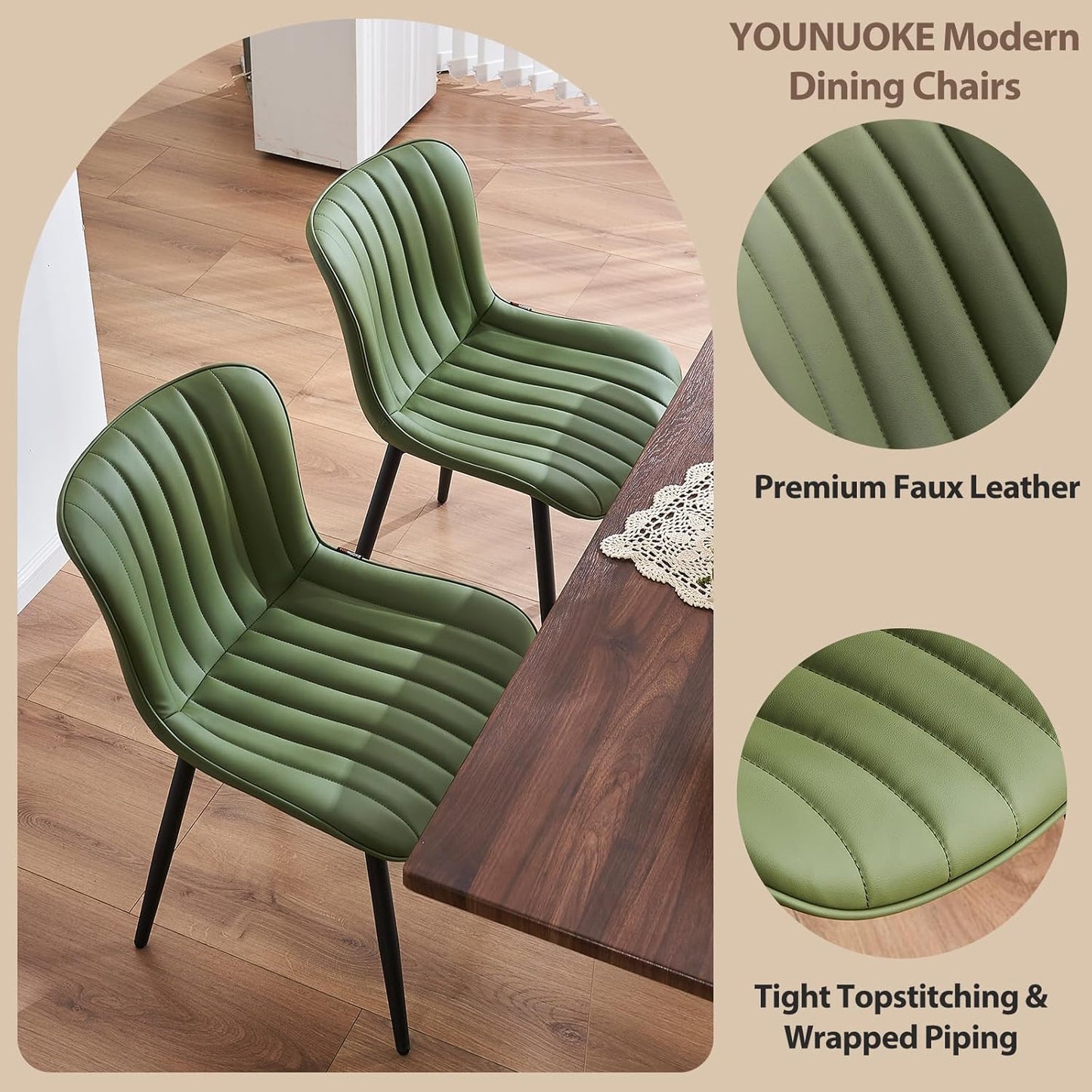 YOUNUOKE Green Dining Chairs Set of 2 Mid-Century Modern Kitchen Dining Room Chairs Armless Faux Leather Upholstered Accent Side Dinner Chair with Padded Back Metal Legs, Olive