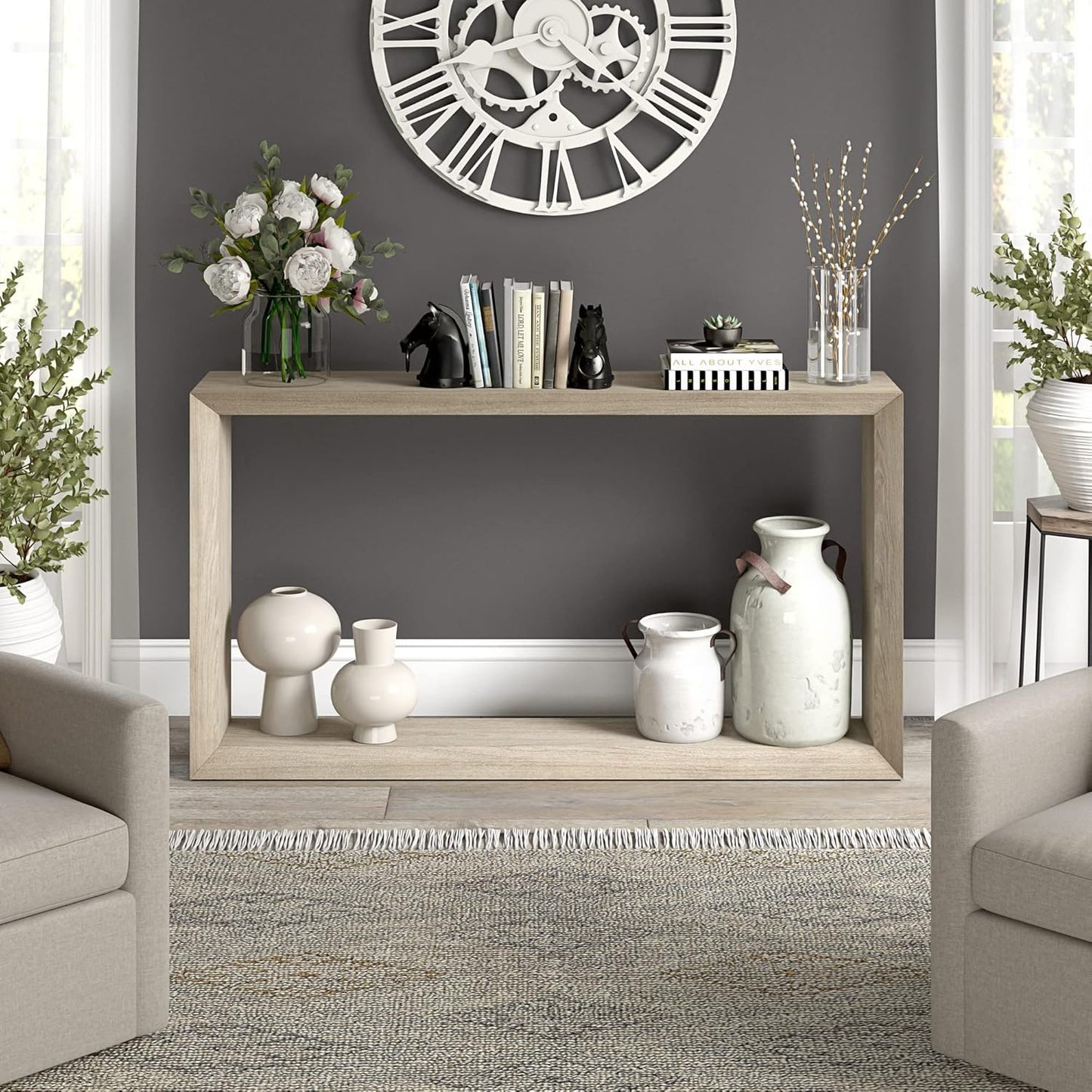 Henn&Hart 55'' Wooden Rectangular Console Table Entryway Table, Sofa Table with Wooden Shelf for Entryway, Living Room, Couch, Hallway, or Office, Antiqued Gray Oak