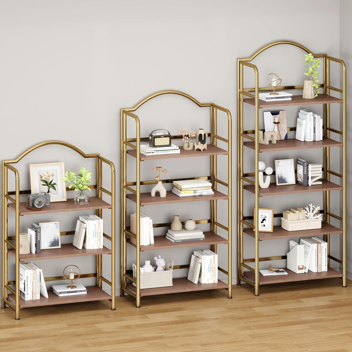 No-Assembly Gold Folding Bookshelf Storage Shelves 5 Tiers Vintage Multifunctional Plant Flower Stand Storage Rack Shelves Bookcase for Home Office