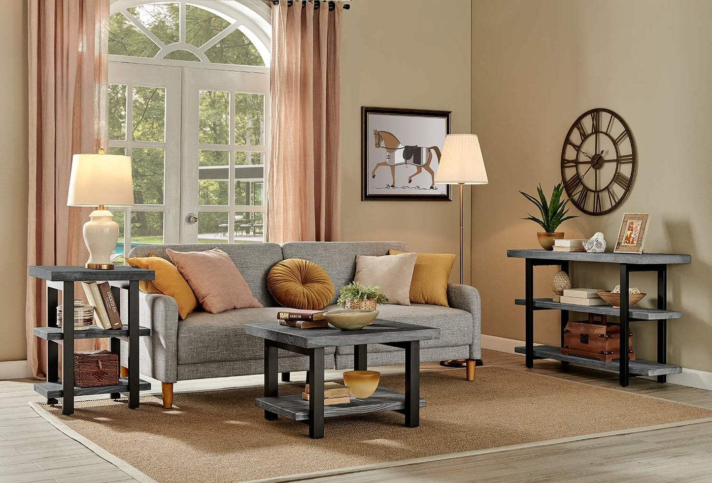 Alaterre Furniture Pomona 3-Tier Industrial End Table with Solid Pine Wood and Metal Legs – 20-Inch Side Table with 2 Lower Shelves, Rustic Modern Accent Table for Living Room or Bedroom (Slate Gray)