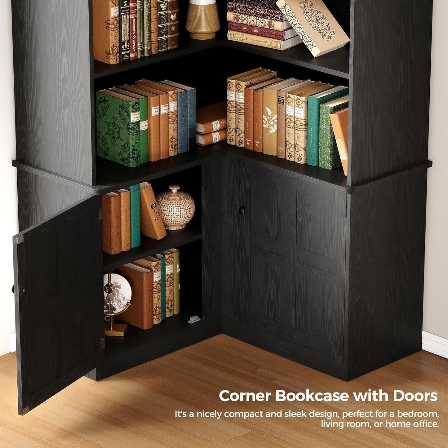 IRONCK Corner Bookshelf with Doors, 6 Tier Bookcase with Storage, Corner Shelf with Cabinet, Large Tall Bookshelf for Living Room, Home Office, Bedroom,Black