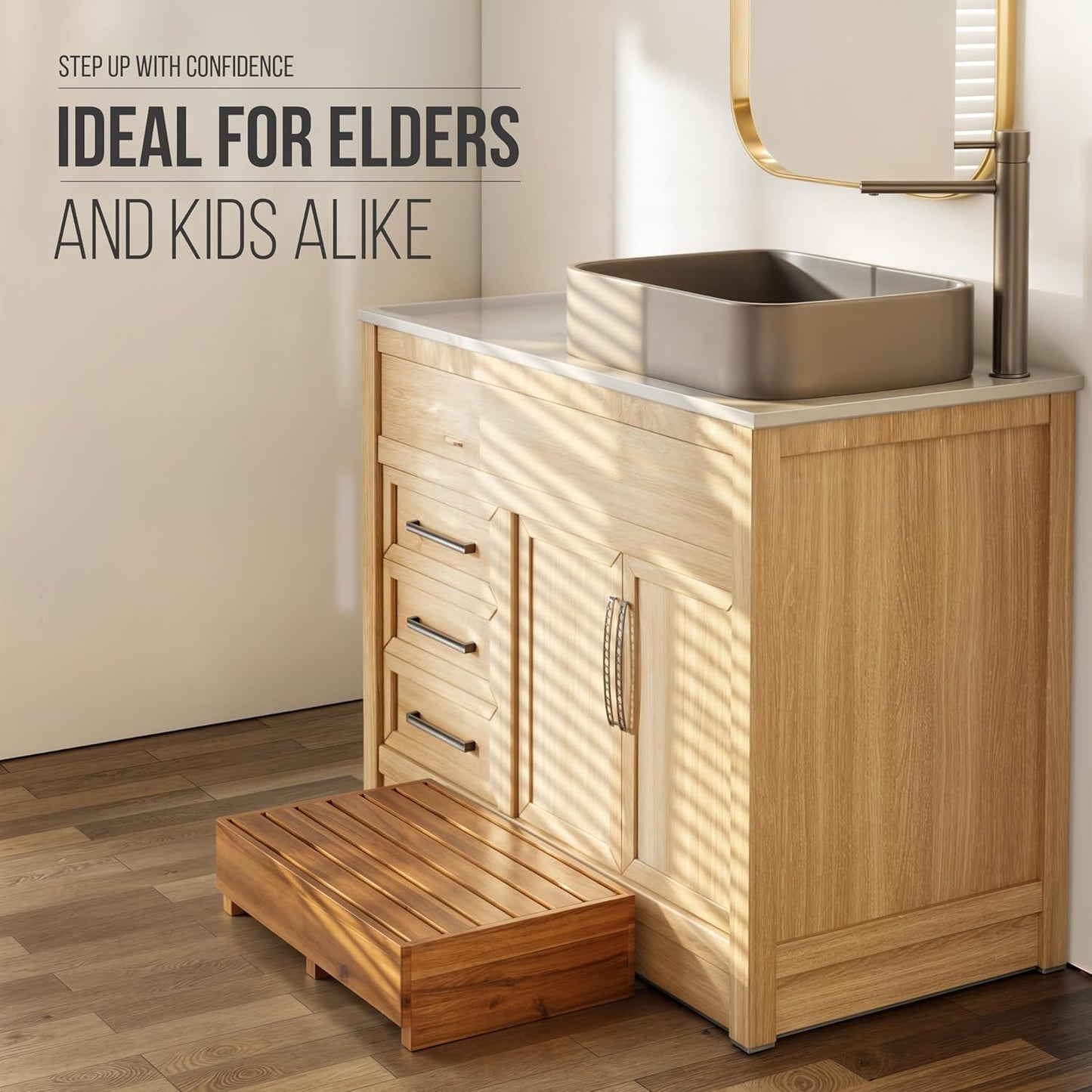 TINAMO 6.5" One Step Stool for Elderly, Acacia Wood High Riser Step Stool for Bed - 550 Lbs Wooden Mobility Stepping Stools for Adults, Kids/Bedside, Bathroom, Kitchen, Garden (Acacia, 6.5" Height)