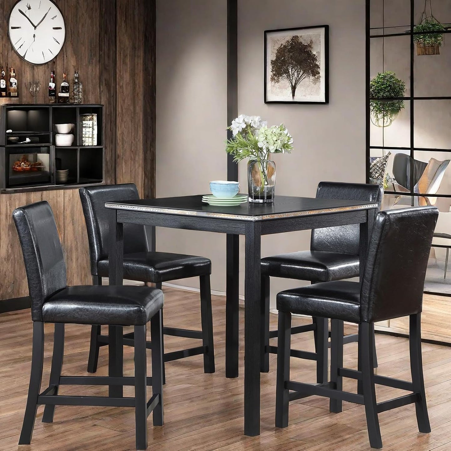5PCS Wooden Counter Height Table Set, Square Table and 4 Upholstered Chairs, Dining Table with Crystal Decoration, for Kitchen, Dining Room,Black