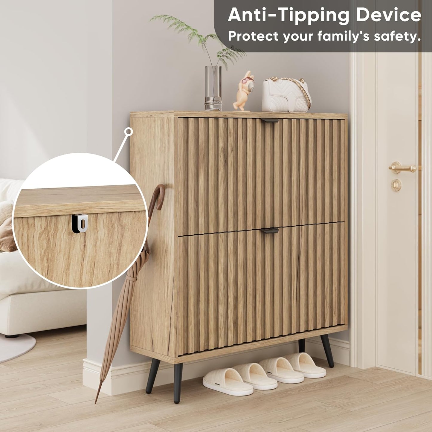 Smuxee Shoe Cabinet with 2 Flip Drawers, 31.5" Natural Hidden Shoe Storage Cabinet with Fluted Design, Freestanding Shoe Organizer Cabinet for Entryway, Hallway, Closet, Living Room