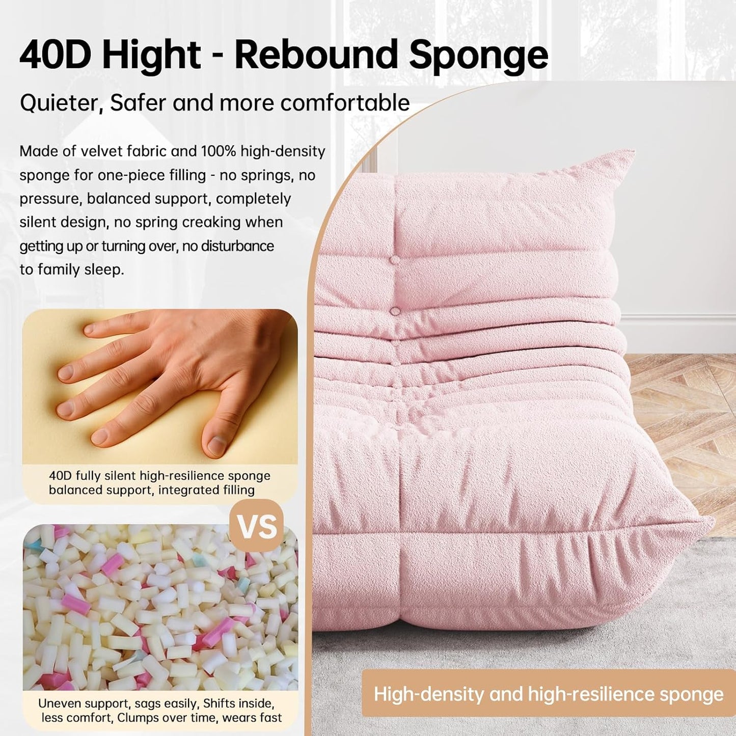 Bean Bag Chairs for Adults, BeanBag Reading Chair Memory Foam Couch 3-Seater, Floor Chair Soft Teddy Material, Comfy Reading Nook Chairs for Bedroom Living Room Office (Pink)