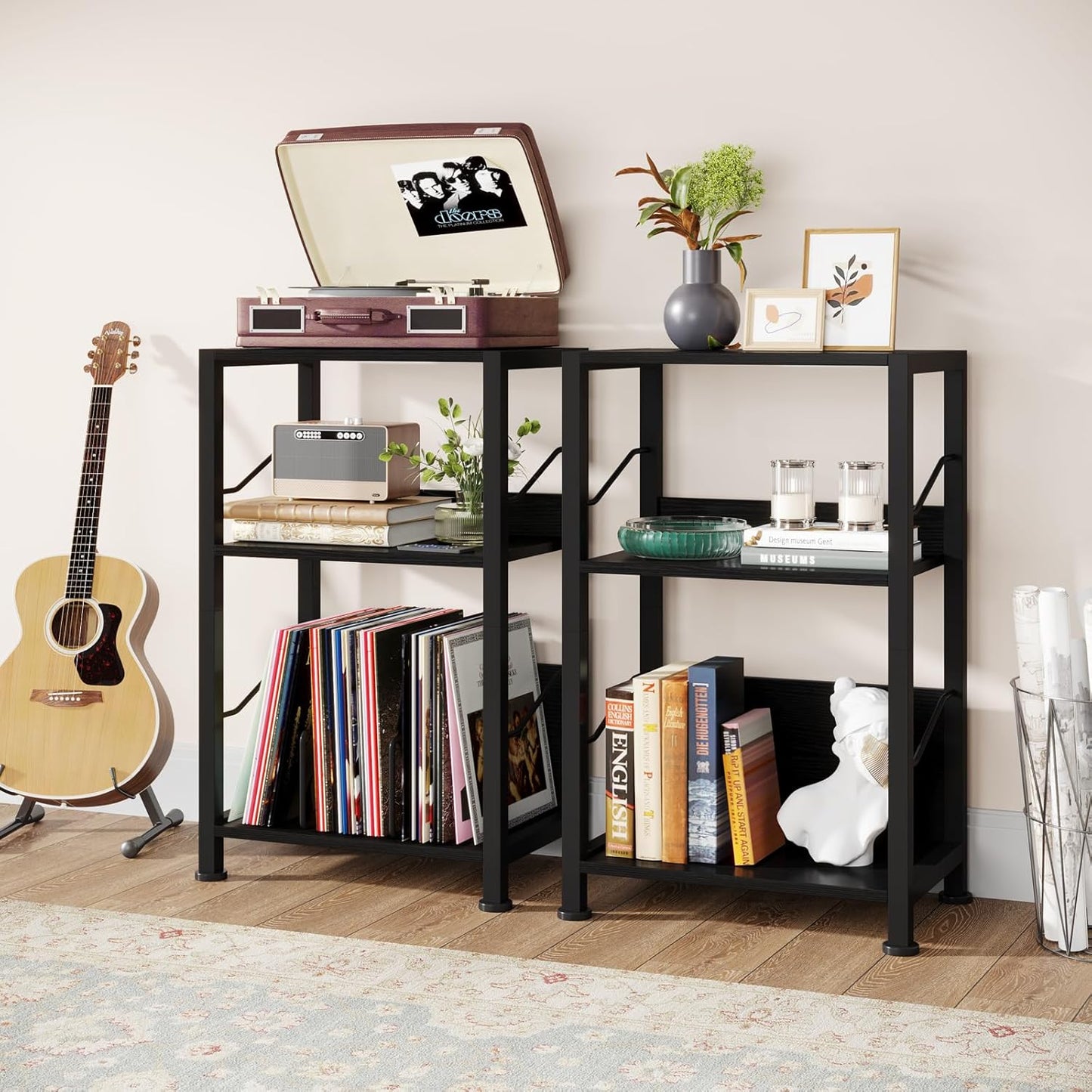 Hosfais 3 Tier Record Player Stand, Retro Vinyl Record Storage End Table Records for Living Room Bedroom (Black)