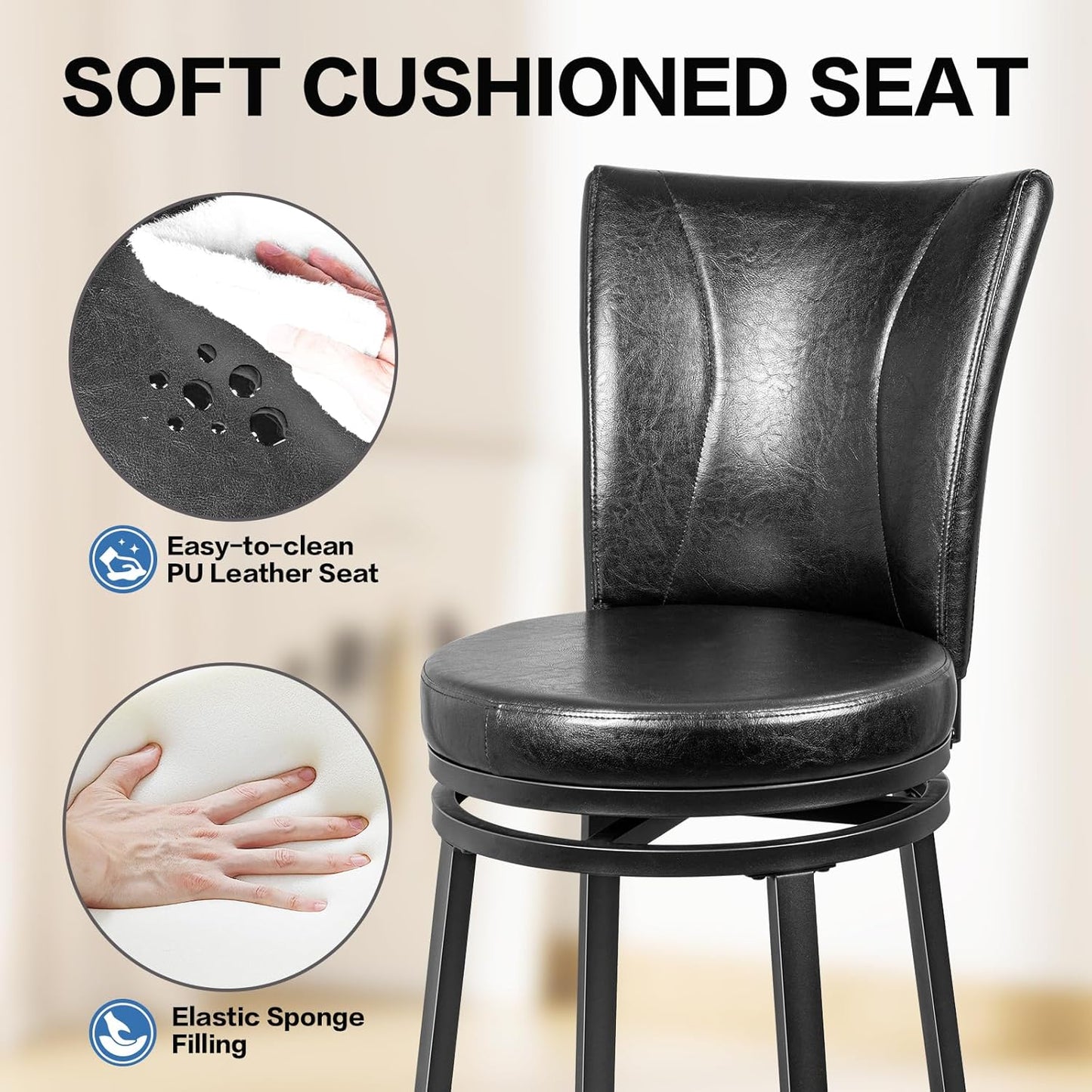 Bar Stools Set of 2, Counter Height Swivel Bar Chair with High Backrest, 24 inch Round Seat Barstools for Kitchen Island, Pub, Metal Base, Upholstered PU Leather Dining Chairs Black