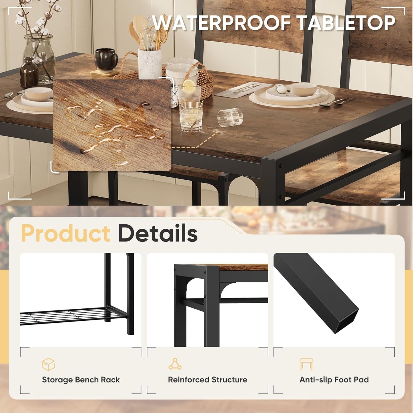 Shahoo Kitchen Table and 2 Chairs for 4 with Bench, 4 Piece Dining Sets for Small Space, Rust Brown