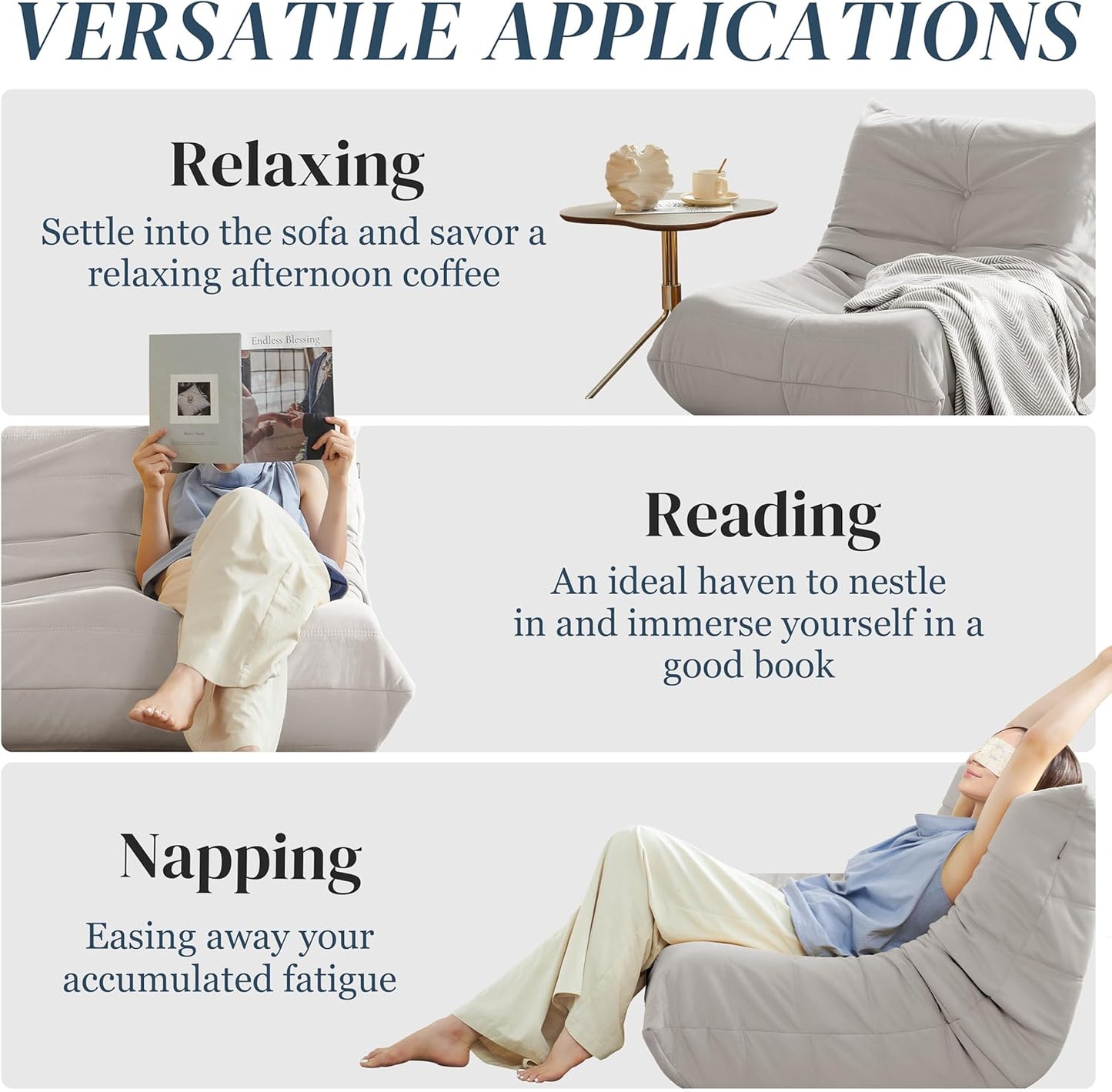 Bean Bag Chair, Fireside Chair Bean Bag Sofa for Adults, Bean Bag Chairs for Teens with High-Resilience Foam, Memory Foam & Non-Slip Base Bean Bag for Living Room, Bedroom, Office (Suede, Light Gray)