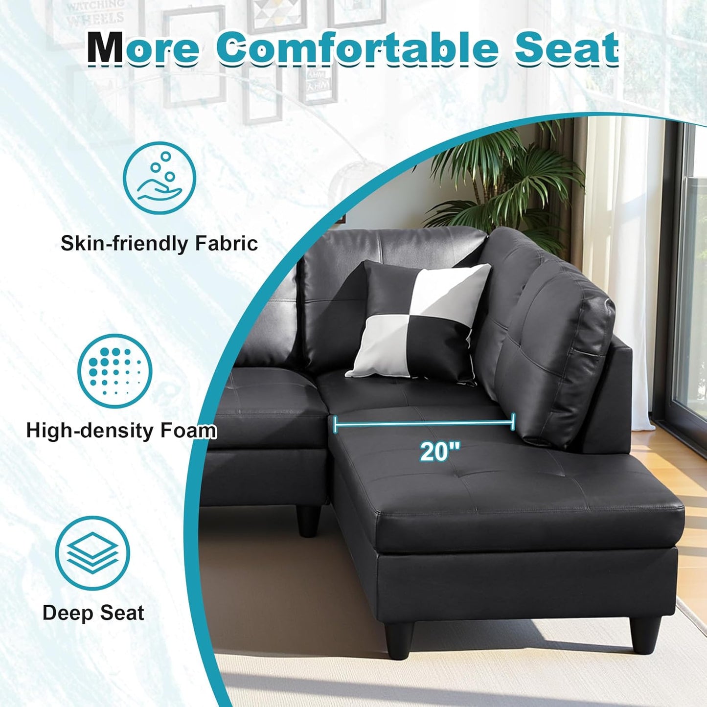 103.5" Oversized Sectional Couch, L Shaped Couch with Storage Ottoman, Modern Modular Sofa with Deep Seat, Sectional Couches for Living Room and Office, Jet Black (Faux Leather)