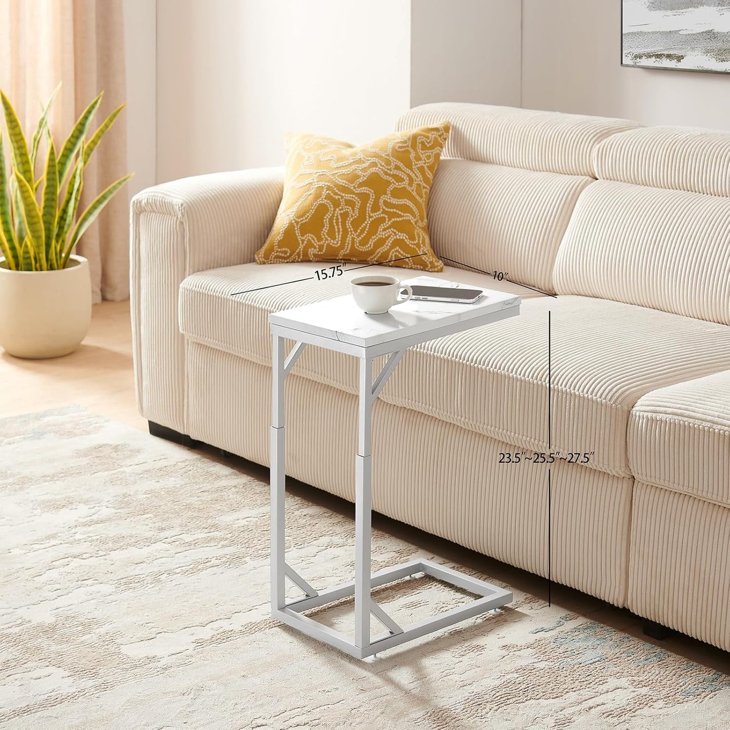 C-Shaped End Table, Small Sofa Table with Metal Frame, Adjustable Height Side Table for Couch, Living Room, Bedroom, Bedside (Silver, Small)