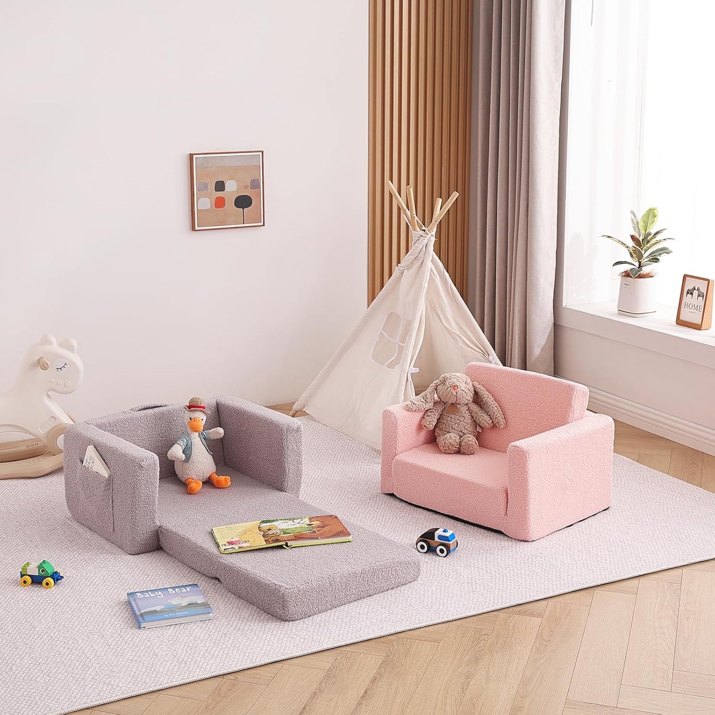 Tiita Kids Sofa, 2-in-1 Todder Couch, Convertible Children Couch to Lounger, Flip Out Kids Sofa Chair, Toddler Armrest Chair Bed, Folding Kids Play Sofa for Girl or Boy (Grey)