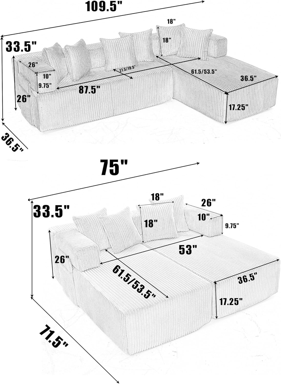 Eafurn DIY Combination Compression Modular Sectional Sofa with Double Chaise Lounge, 146" Oversized U Shaped Boneless Couch with Deep Seat Convertible Sleeper Sofabed w/Throw Pillows